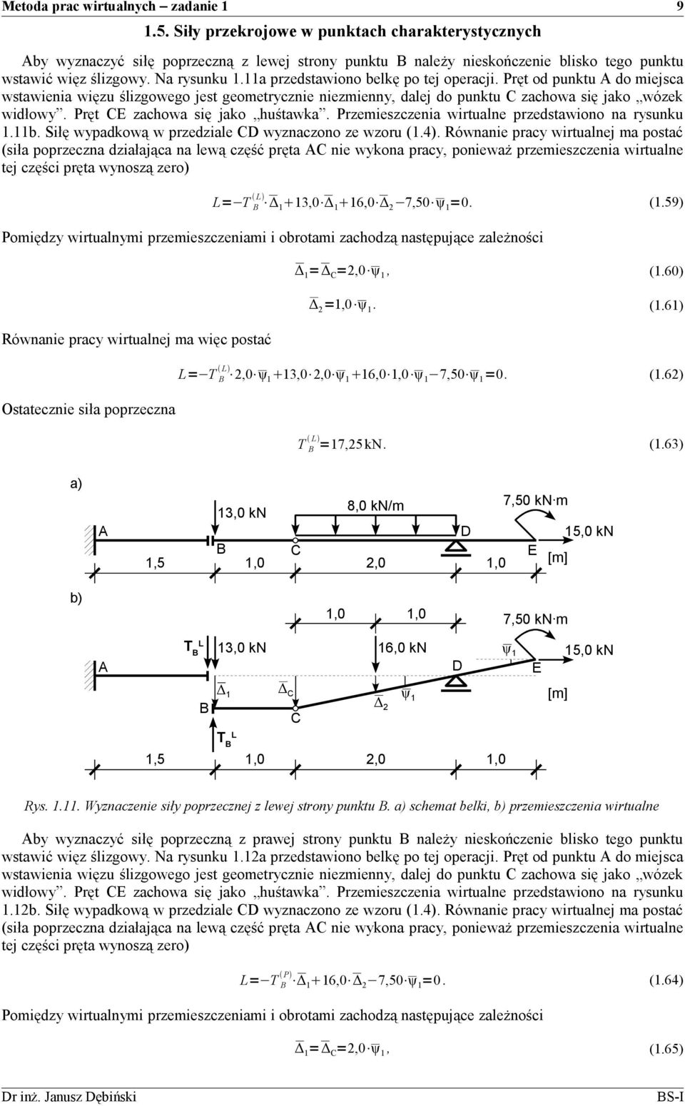 11a przedstawiono belkę po tej operacji. Pręt od punktu do miejsca wstawienia więzu ślizgowego jest geometrycznie niezmienny, dalej do punktu zachowa się jako wózek widłowy.