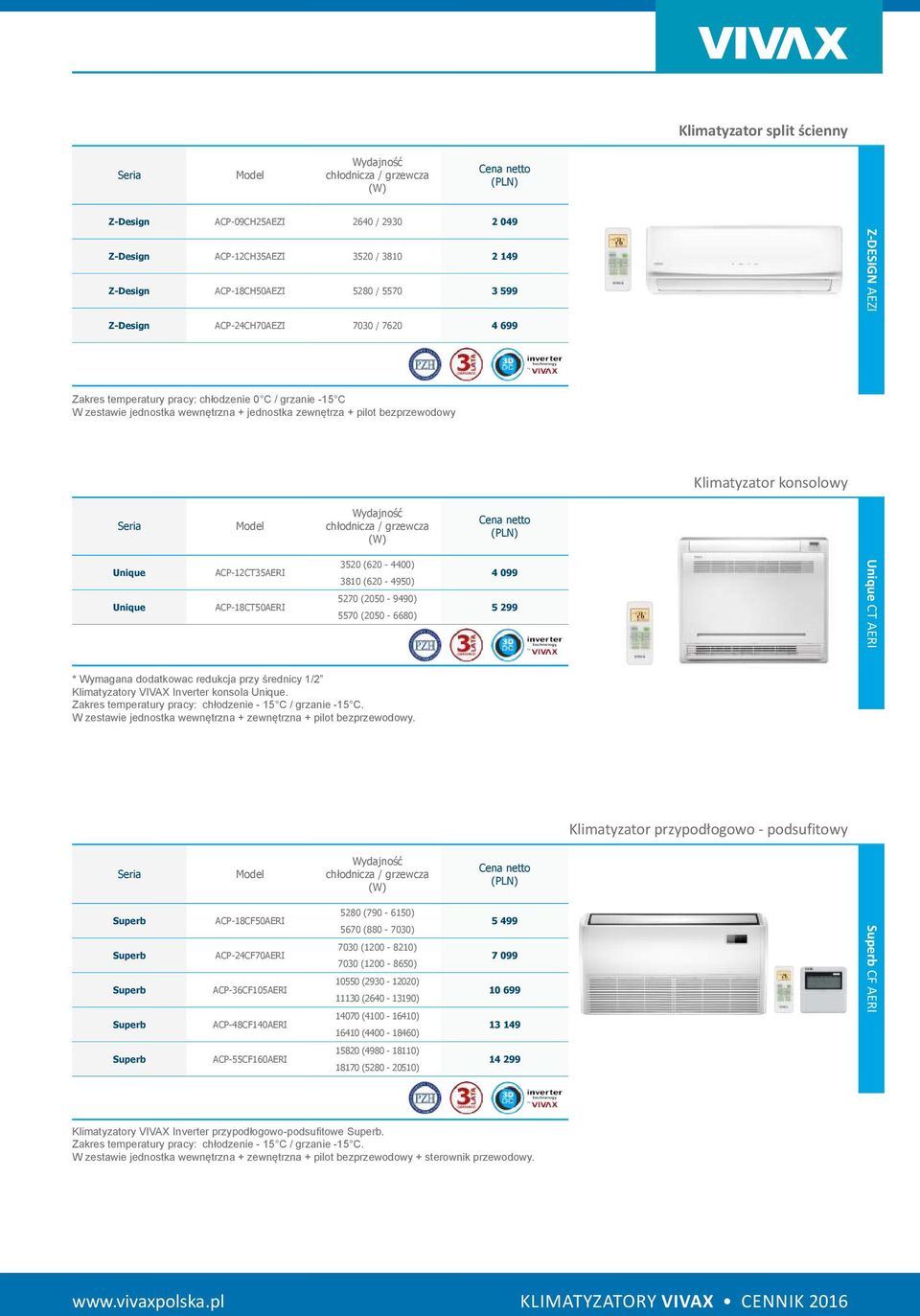 ACP-18CT50AERI 3520 (620-4400) 3810 (620-4950) 5270 (2050-9490) 5570 (2050-6680) 4 099 5 299 Unique CT AERI * Wymagana dodatkowac redukcja przy średnicy 1/2 Klimatyzatory VIVAX Inverter konsola