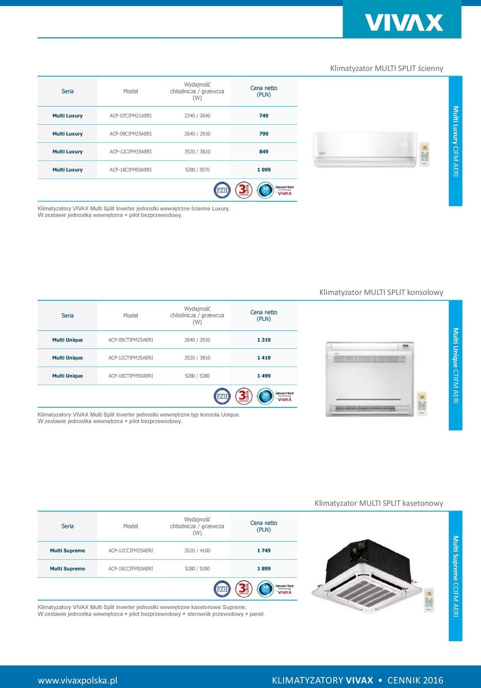 Klimatyzator MULTI SPLIT konsolowy Multi Unique ACP-09CTIFM25AERI 2640 / 2930 1 319 Multi Unique ACP-12CTIFM35AERI 3520 / 3810 1 419 Multi Unique ACP-18CTIFM50AERI 5280 / 5280 1 499 Multi Unique