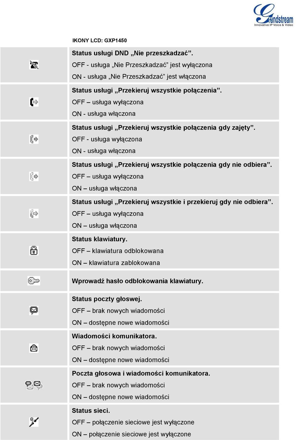OFF - usługa wyłączona ON - usługa włączona Status usługi Przekieruj wszystkie połączenia gdy nie odbiera.