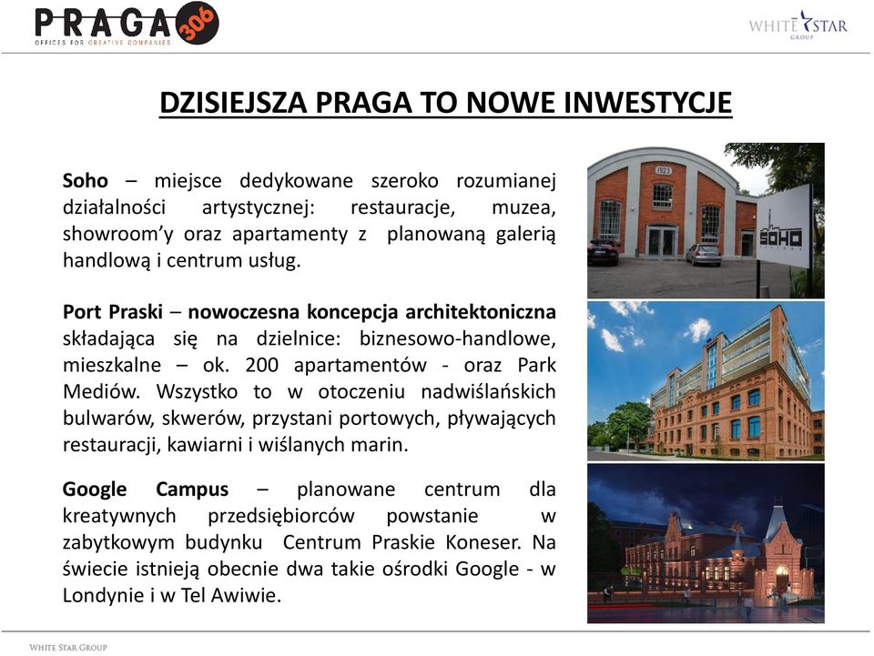 200 apartamentów - oraz Park Mediów. Wszystko to w otoczeniu nadwiślańskich bulwarów, skwerów, przystani portowych, pływających restauracji, kawiarni i wiślanych marin.