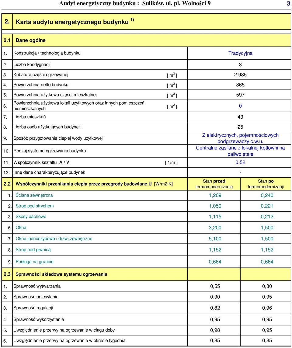 9. 0. Liczba osób użytkujących budynek Sposób przygotowania ciepłej wody użytkowej Rodzaj systemu ogrzewania budynku.