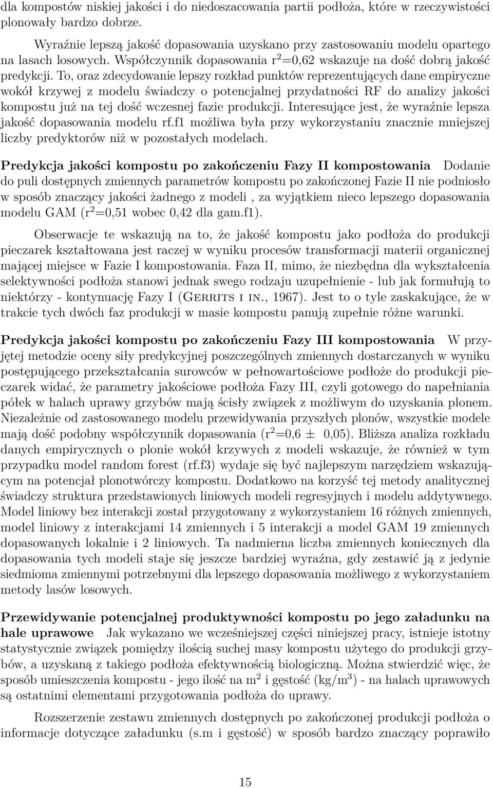 To, oraz zdecydowanie lepszy rozkład punktów reprezentujących dane empiryczne wokół krzywej z modelu świadczy o potencjalnej przydatności RF do analizy jakości kompostu już na tej dość wczesnej fazie