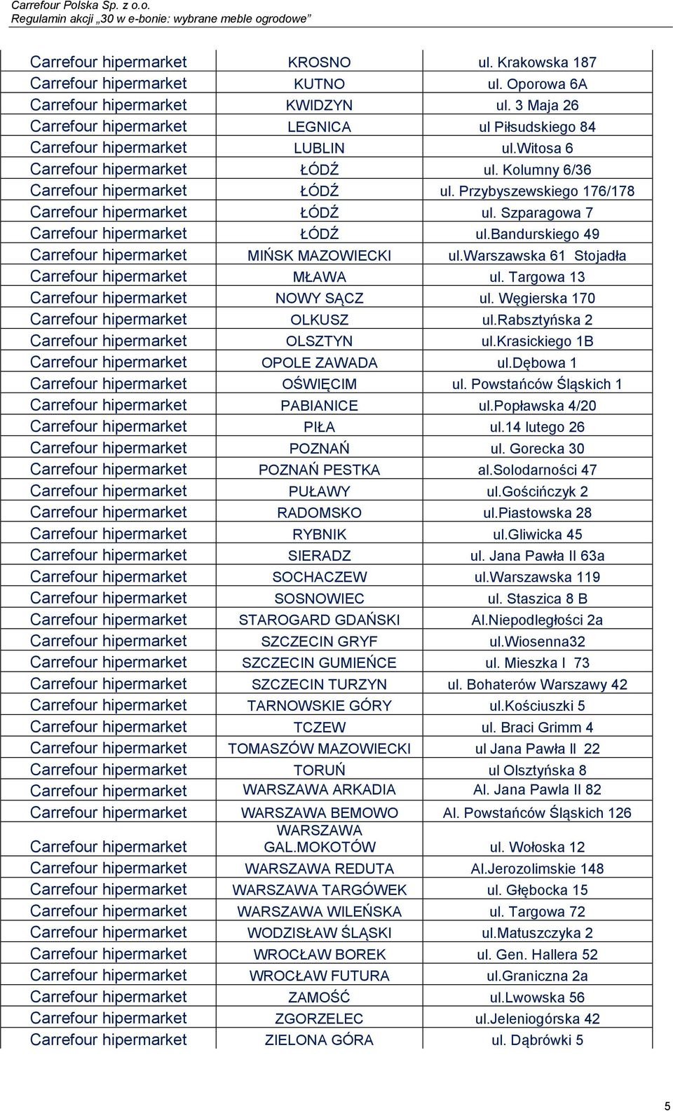 Przybyszewskiego 176/178 Carrefour hipermarket ŁÓDŹ ul. Szparagowa 7 Carrefour hipermarket ŁÓDŹ ul.bandurskiego 49 Carrefour hipermarket MIŃSK MAZOWIECKI ul.