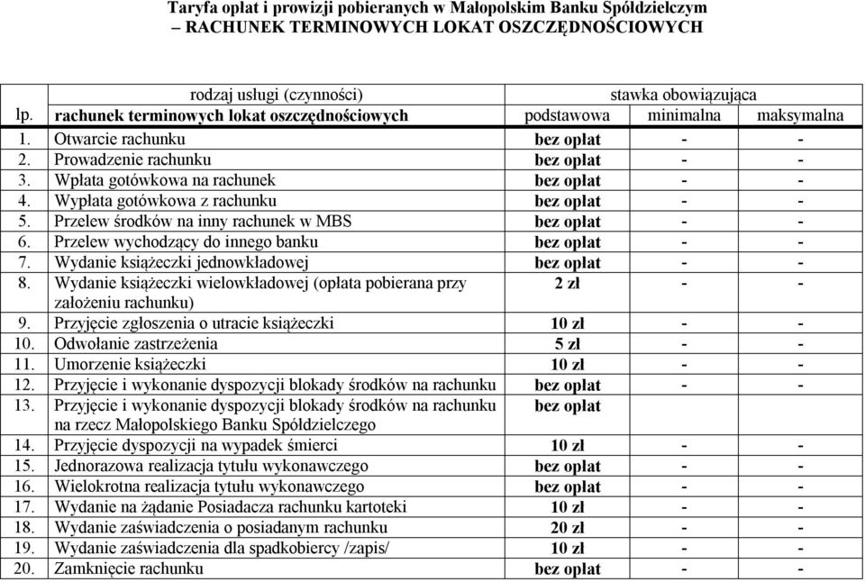 Przelew wychodzący do innego banku bez opłat - - 7. Wydanie książeczki jednowkładowej bez opłat - - 8. Wydanie książeczki wielowkładowej (opłata pobierana przy 2 zł - - założeniu rachunku) 9.