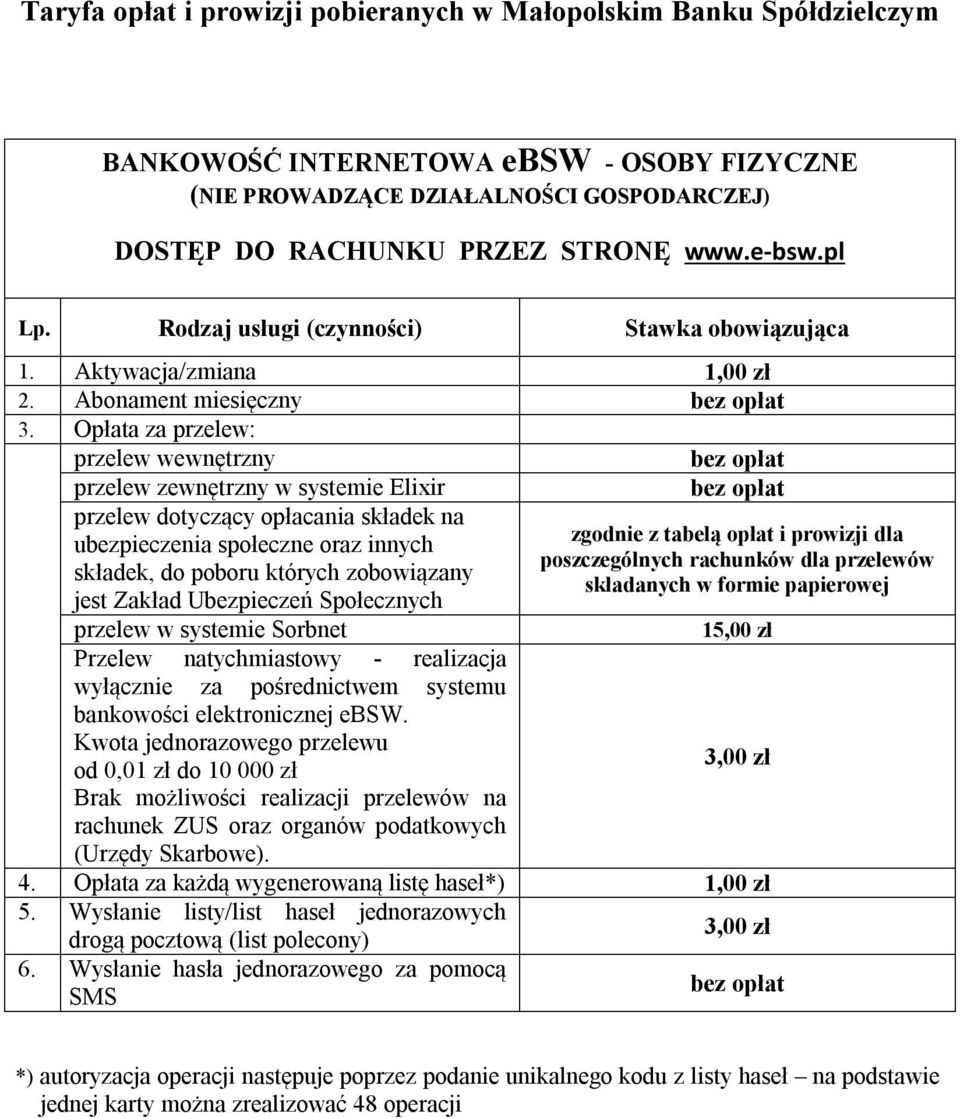 Opłata za przelew: przelew wewnętrzny bez opłat przelew zewnętrzny w systemie Elixir przelew dotyczący opłacania składek na ubezpieczenia społeczne oraz innych składek, do poboru których zobowiązany