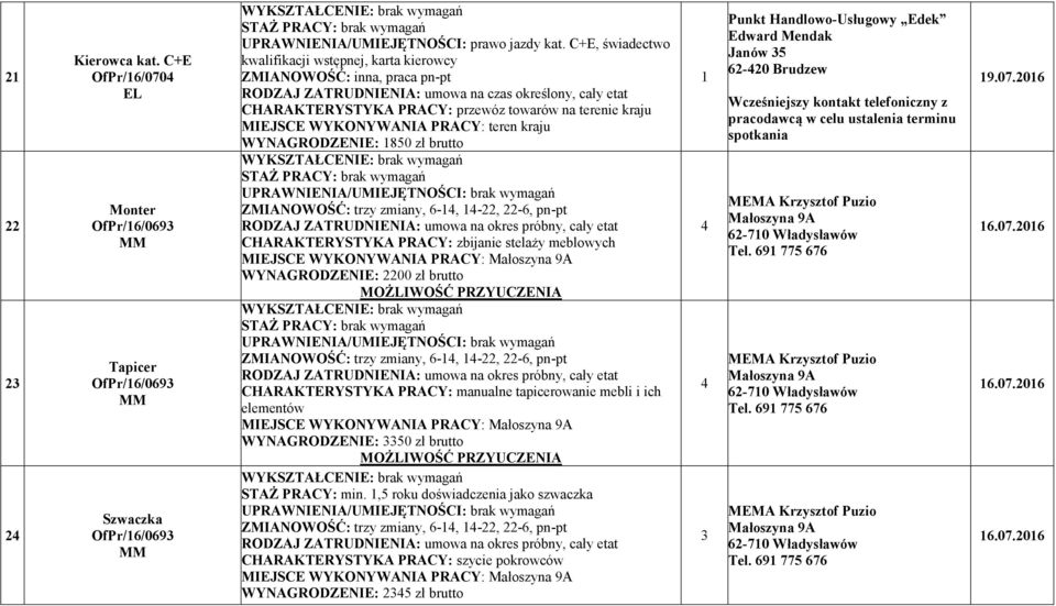 zł brutto ZMIA OWOŚĆ: trzy zmiany, 6-4, 4-, -6, pn-pt CHARAKTERYSTYKA PRACY: zbijanie stelaży meblowych MIEJSCE WYKO YWA IA PRACY: Małoszyna 9A WY AGRODZE IE: 00 zł brutto MOŻLIWOŚĆ PRZYUCZE IA ZMIA