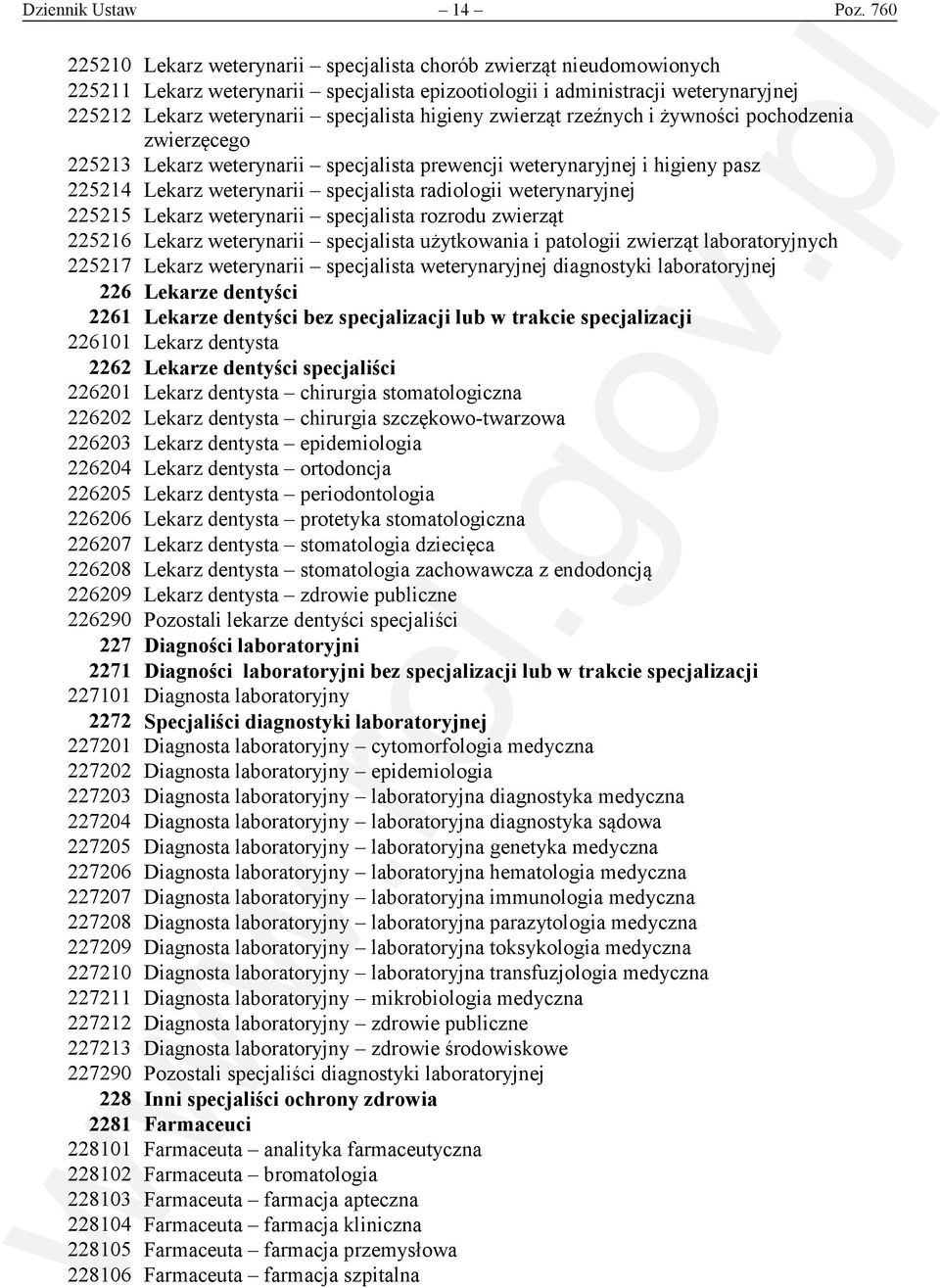 higieny zwierząt rzeźnych i żywności pochodzenia zwierzęcego 225213 Lekarz weterynarii specjalista prewencji weterynaryjnej i higieny pasz 225214 Lekarz weterynarii specjalista radiologii