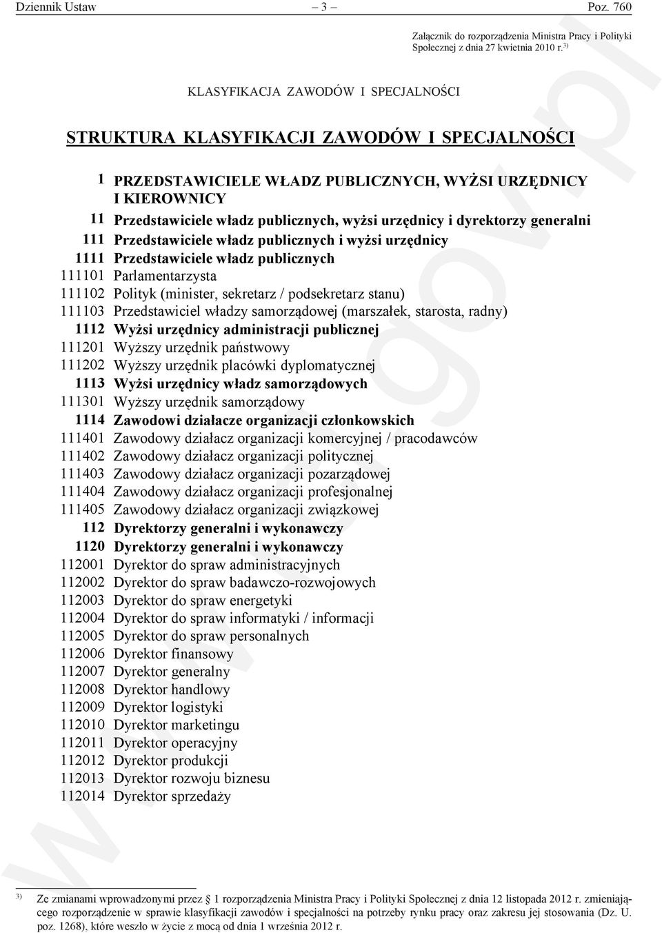 3) KLASYFIKACJA ZAWODÓW I SPECJALNOŚCI KLASYFIKACJA ZAWODÓW I SPECJALNOŚCI STRUKTURA KLASYFIKACJI ZAWODÓW I SPECJALNOŚCI 1 PRZEDSTAWICIELE WŁADZ PUBLICZNYCH, WYŻSI URZĘDNICY I KIEROWNICY 11