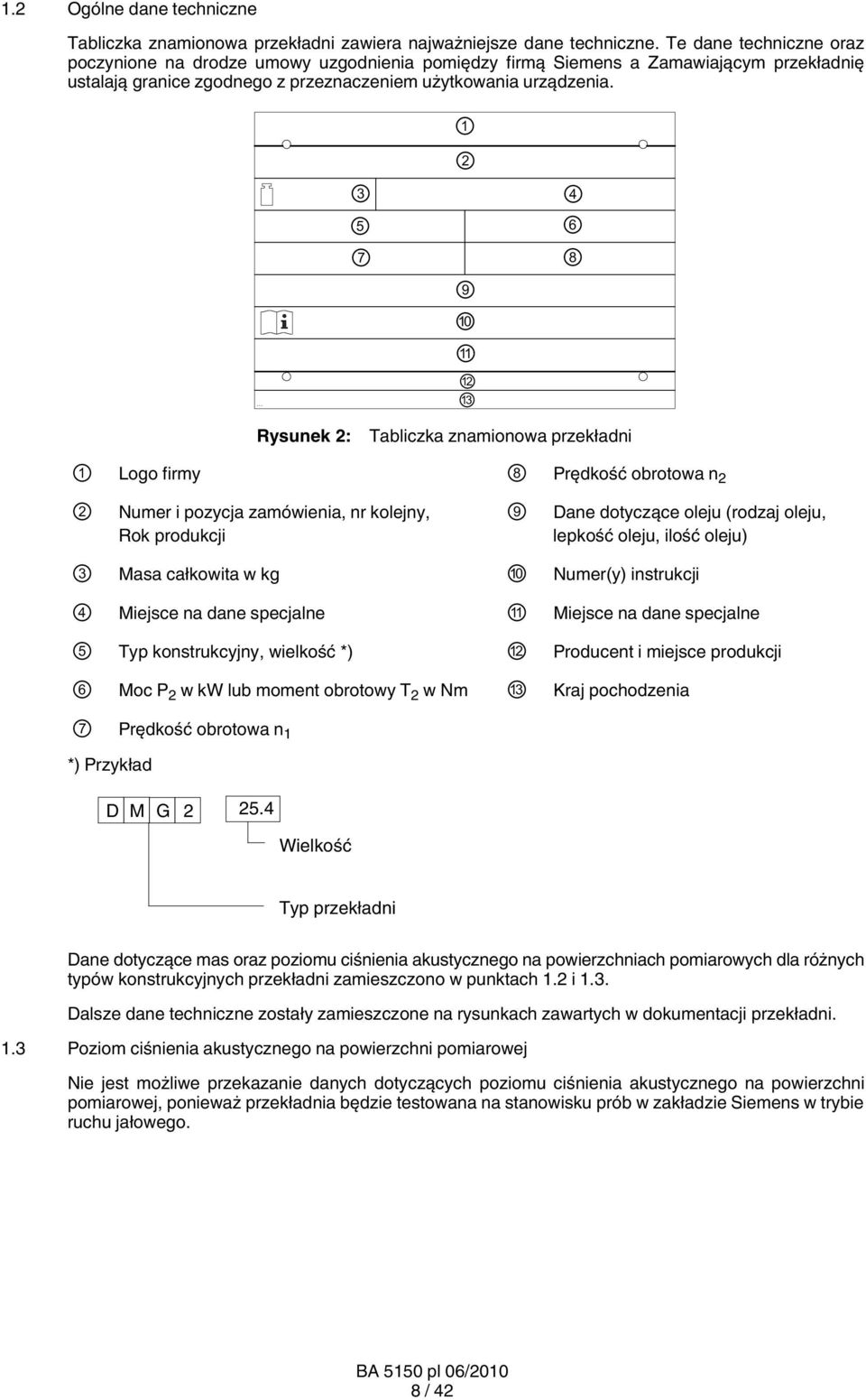 1 2 3 5 7 9 10 11 12 13 4 6 8 Rysunek 2: Tabliczka znamionowa przekładni 1 Logo firmy 8 Prędkość obrotowa n 2 2 Numer i pozycja zamówienia, nr kolejny, 9 Dane dotyczące oleju (rodzaj oleju, Rok