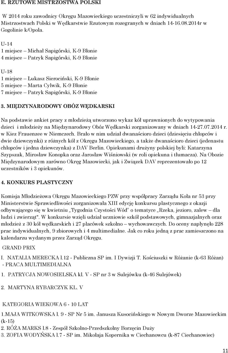 U-14 1 miejsce Michał Sapigórski, K-9 Błonie 4 miejsce Patryk Sapigórski, K-9 Błonie U-18 1 miejsce Łukasz Sierociński, K-9 Błonie 5 miejsce Marta Cylwik, K-9 Błonie 7 miejsce Patryk Sapigórski, K-9