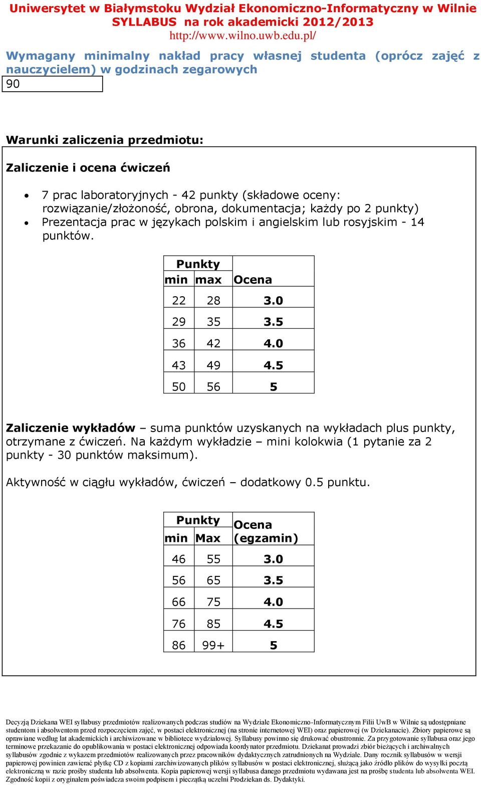 punktów. Punkty min max Ocena 22 28 3.0 29 35 3.5 36 42 4.0 43 49 4.5 50 56 5 Zaliczenie wykładów suma punktów uzyskanych na wykładach plus punkty, otrzymane z ćwiczeń.