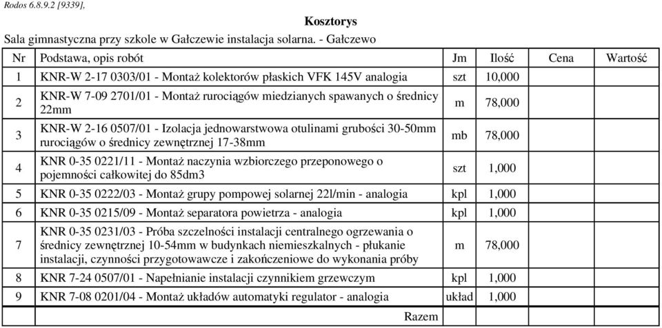 o pojemności całkowitej do 85dm3 m 78,000 mb 78,000 szt 1,000 5 KNR 0-35 0222/03 - MontaŜ grupy pompowej solarnej 22l/min - analogia kpl 1,000 6 KNR 0-35 0215/09 - MontaŜ separatora powietrza -