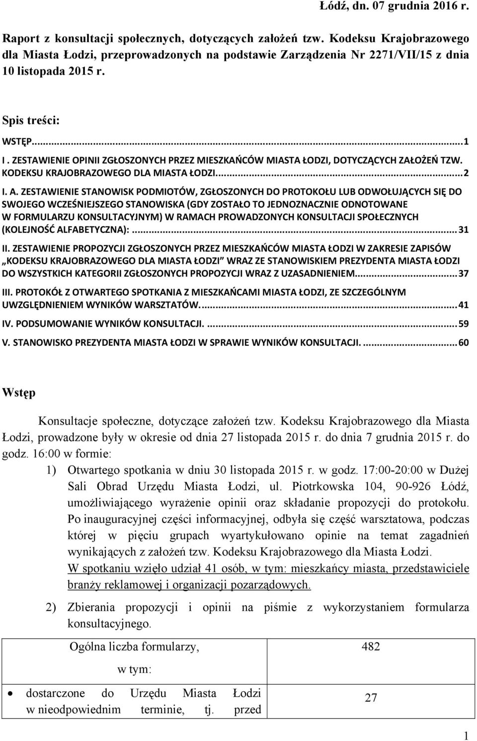 ZESTAWIENIE OPINII ZGŁOSZONYCH PRZEZ MIESZKAŃCÓW MIASTA ŁODZI, DOTYCZĄCYCH ZAŁOŻEŃ TZW. KODEKSU KRAJOBRAZOWEGO DLA MIASTA ŁODZI.... 2 I. A.