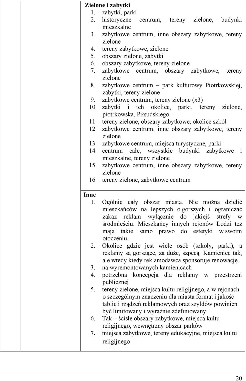 zabytkowe centrum, tereny zielone (x3) 10. zabytki i ich okolice, parki, tereny zielone, piotrkowska, Piłsudskiego 11. tereny zielone, obszary zabytkowe, okolice szkół 12.