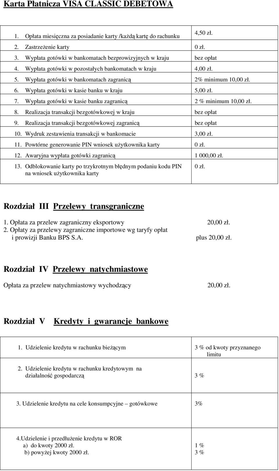 Wypłata gotówki w kasie banku zagranicą 2 % minimum 10,0 8. Realizacja transakcji bezgotówkowej w kraju 9. Realizacja transakcji bezgotówkowej zagranicą 10.