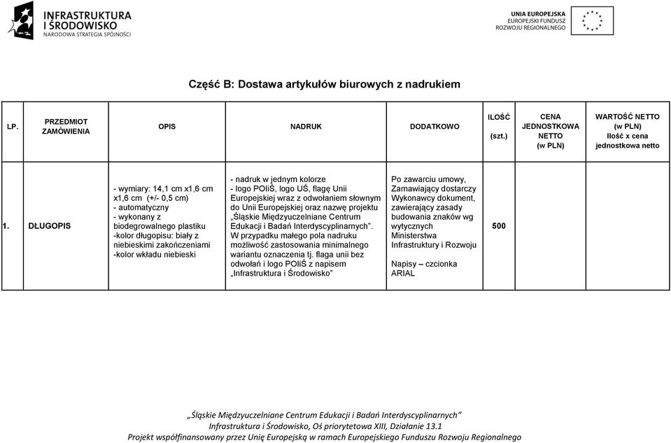 DŁUGOPIS - wymiary: 14,1 cm x1,6 cm x1,6 cm (+/- 0,5 cm) - automatyczny - wykonany z biodegrowalnego plastiku -kolor długopisu: biały z niebieskimi zakończeniami