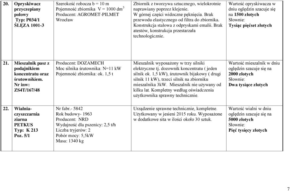 Brak atestów, konstrukcja przestarzała technologicznie. Wartość opryskiwacza w dniu oględzin szacuje się na 1500 Tysiąc pięćset 21. Mieszalnik pasz z podajnikiem koncentratu oraz śrutownikiem.