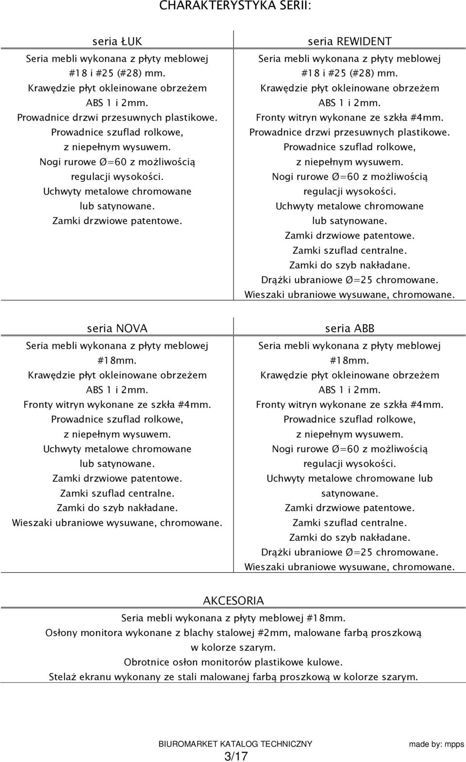 seria REWIDENT Seria mebli wykonana z płyty meblowej #18 i #25 (#28) mm. Krawędzie płyt okleinowane obrzeżem ABS 1 i 2mm. Fronty witryn wykonane ze szkła #4mm. Prowadnice drzwi przesuwnych plastikowe.