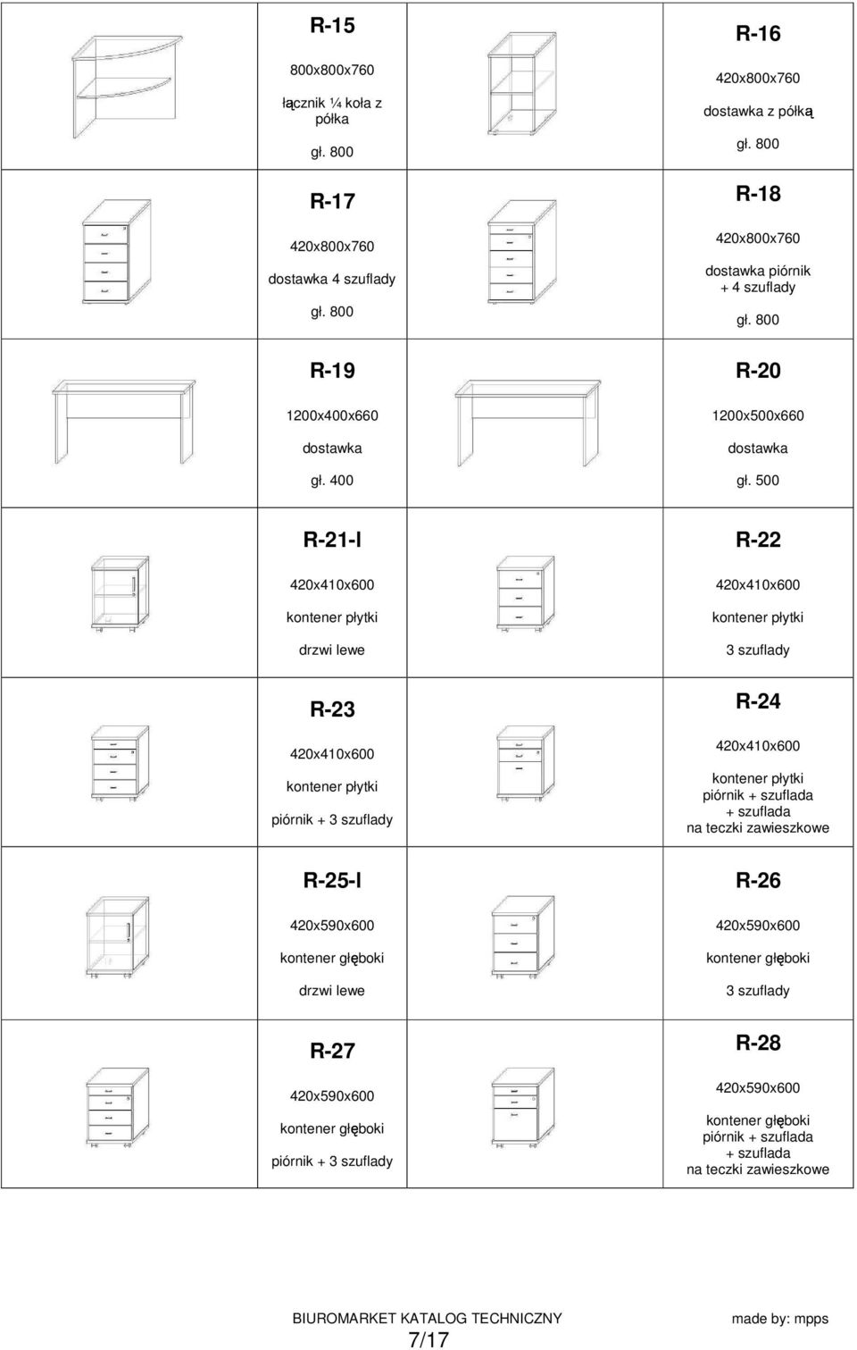 500 R-21-l 420x410x600 kontener płytki drzwi lewe R-22 420x410x600 kontener płytki 3 szuflady R-23 420x410x600 kontener płytki piórnik + 3 szuflady R-24 420x410x600 kontener płytki