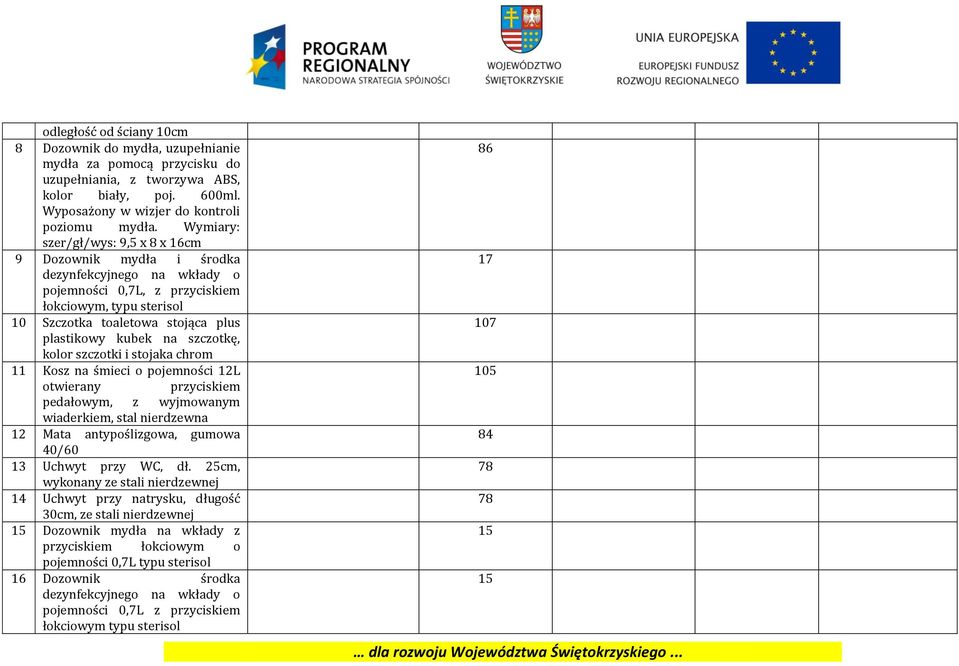 na szczotkę, kolor szczotki i stojaka chrom 11 Kosz na śmieci o pojemności 12L otwierany przyciskiem pedałowym, z wyjmowanym wiaderkiem, stal nierdzewna 12 Mata antypoślizgowa, gumowa 0/60 13 Uchwyt