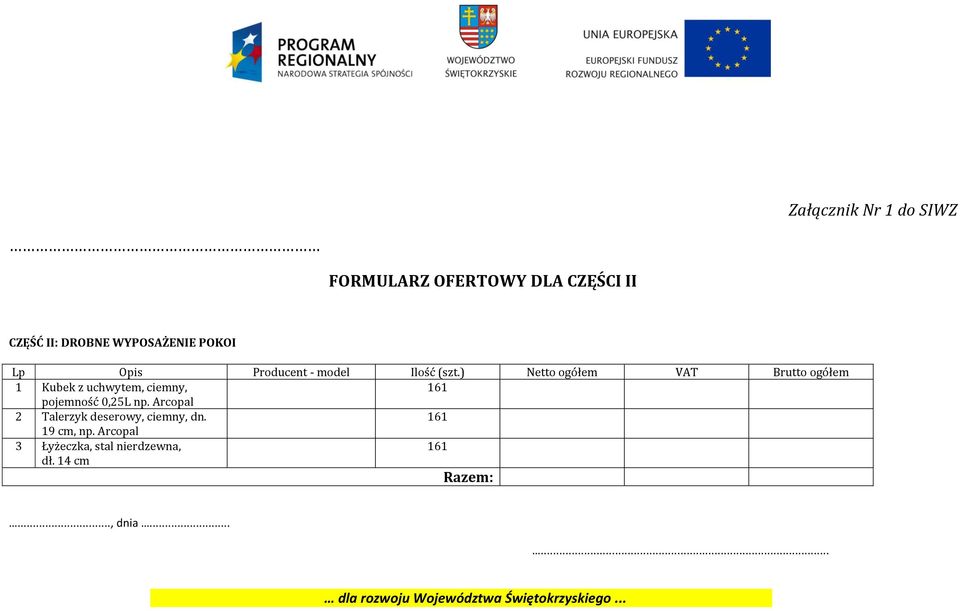 ) Netto ogółem VAT Brutto ogółem 1 Kubek z uchwytem, ciemny, 161 pojemność 0,25L np.