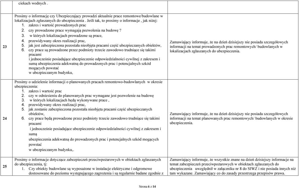 przewidywany okres realizacji prac, 5. jak jest zabezpieczona pozostała nieobjęta pracami część ubezpieczanych obiektów, 6.