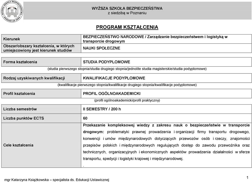 PODYPLOMOWE (kwalifikacje pierwszego stopnia/kwalifikacje drugiego stopnia/kwalifikacje podyplomowe) Profil kształcenia Liczba semestrów PROFIL OGÓLNOAKADEMICKI (profil ogólnoakademicki/profil