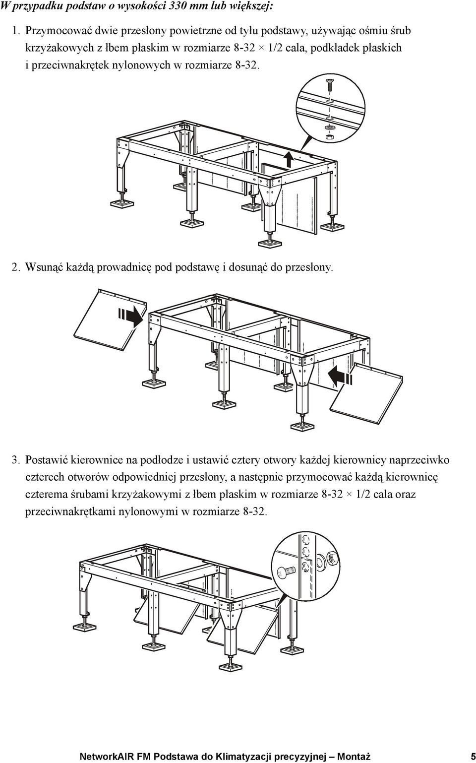 nylonowych w rozmiarze 8-32. 2. Wsunąć każdą prowadnicę pod podstawę i dosunąć do przesłony. 3.