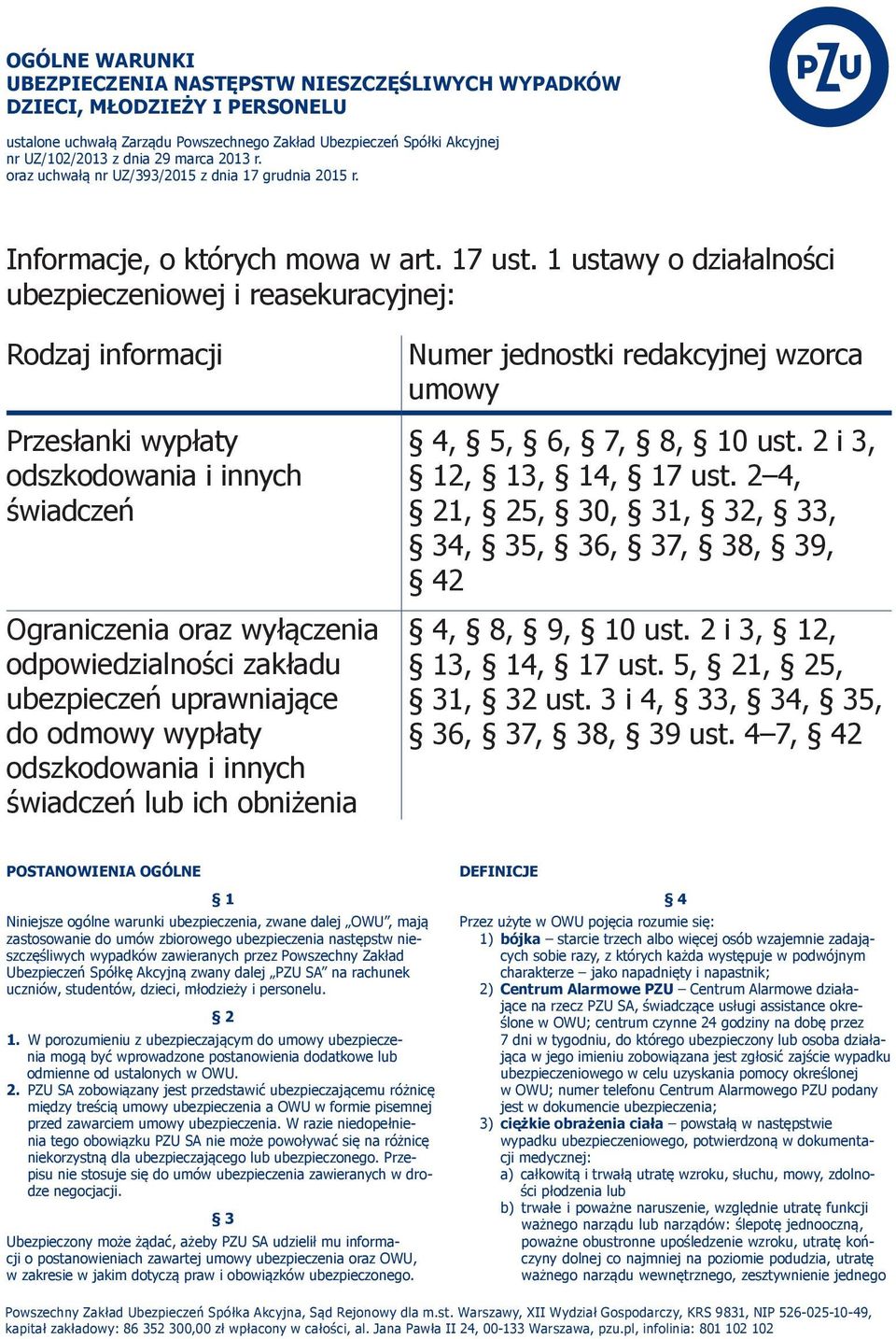 1 ustawy o działalności ubezpieczeniowej i reasekuracyjnej: Rodzaj informacji Przesłanki wypłaty odszkodowania i innych świadczeń Ograniczenia oraz wyłączenia odpowiedzialności zakładu ubezpieczeń