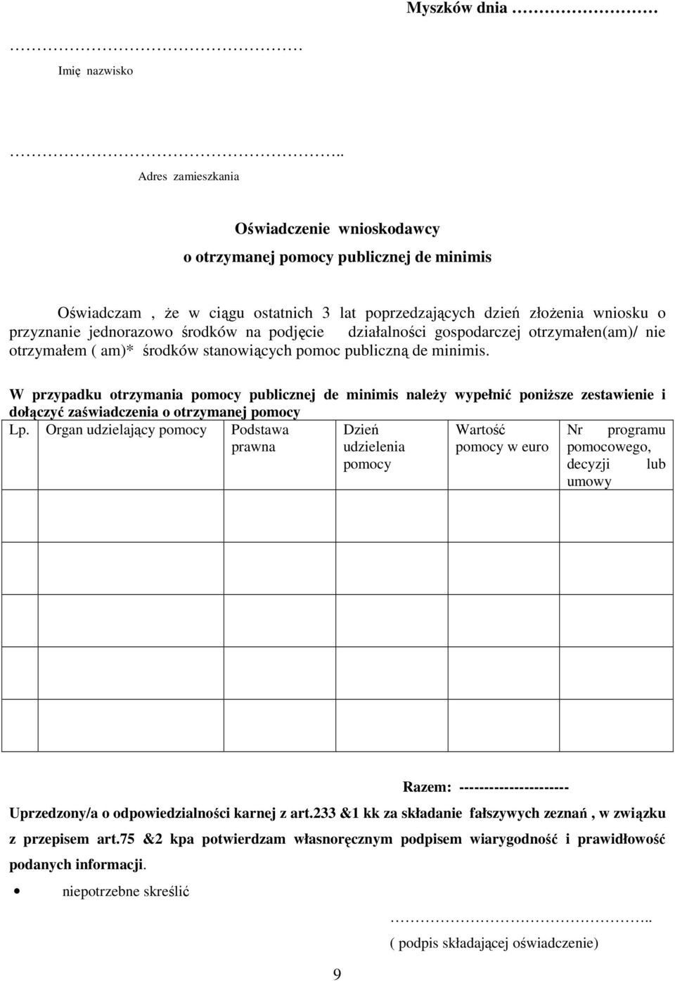 na podjęcie działalności gospodarczej otrzymałen(am)/ nie otrzymałem ( am)* środków stanowiących pomoc publiczną de minimis.