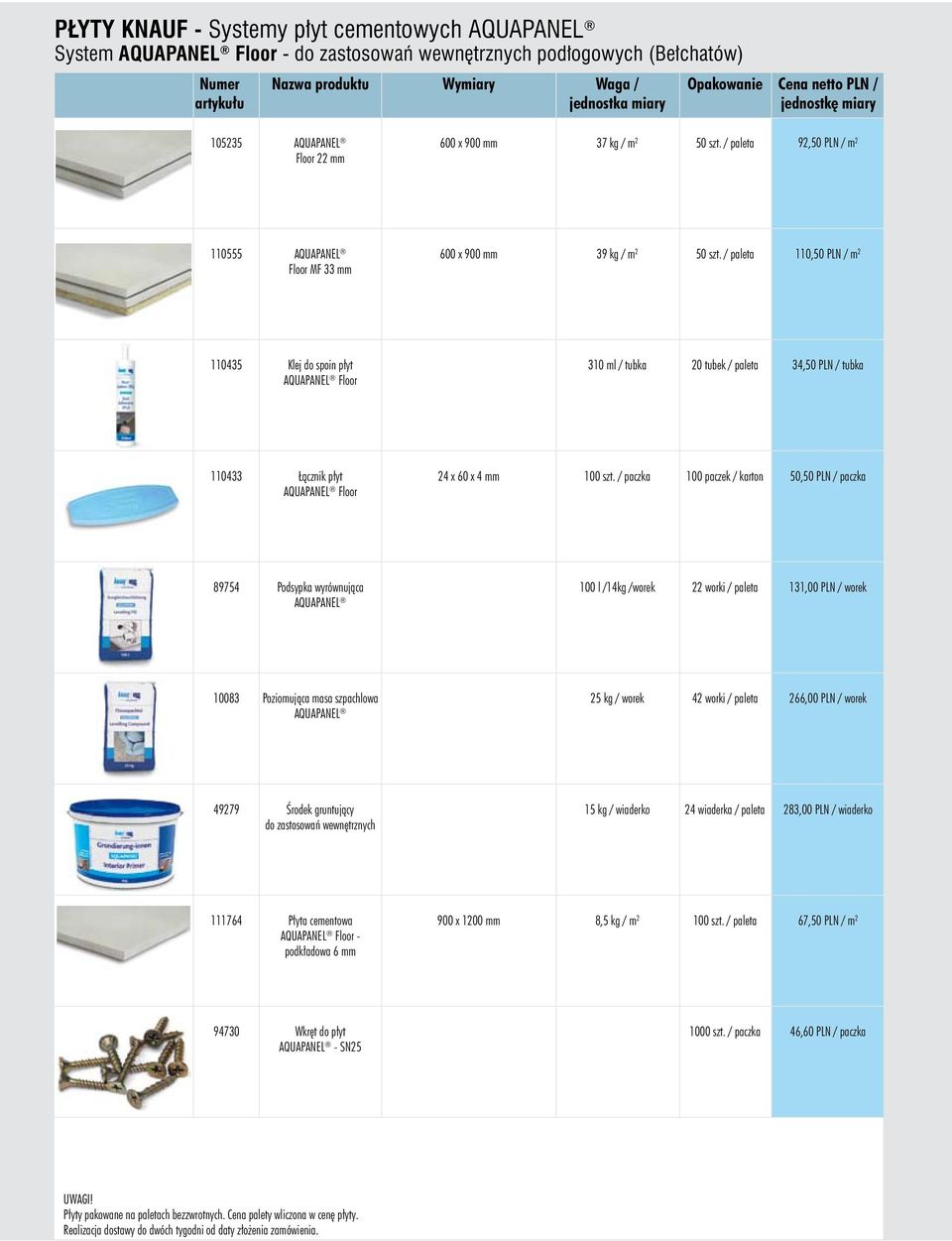 / paleta 110,50 PLN / m 2 110435 Klej do spoin płyt AQUAPANEL Floor 310 ml / tubka 20 tubek / paleta 34,50 PLN / tubka 110433 Łącznik płyt AQUAPANEL Floor 24 x 60 x 4 mm 100 paczek / karton 50,50 PLN