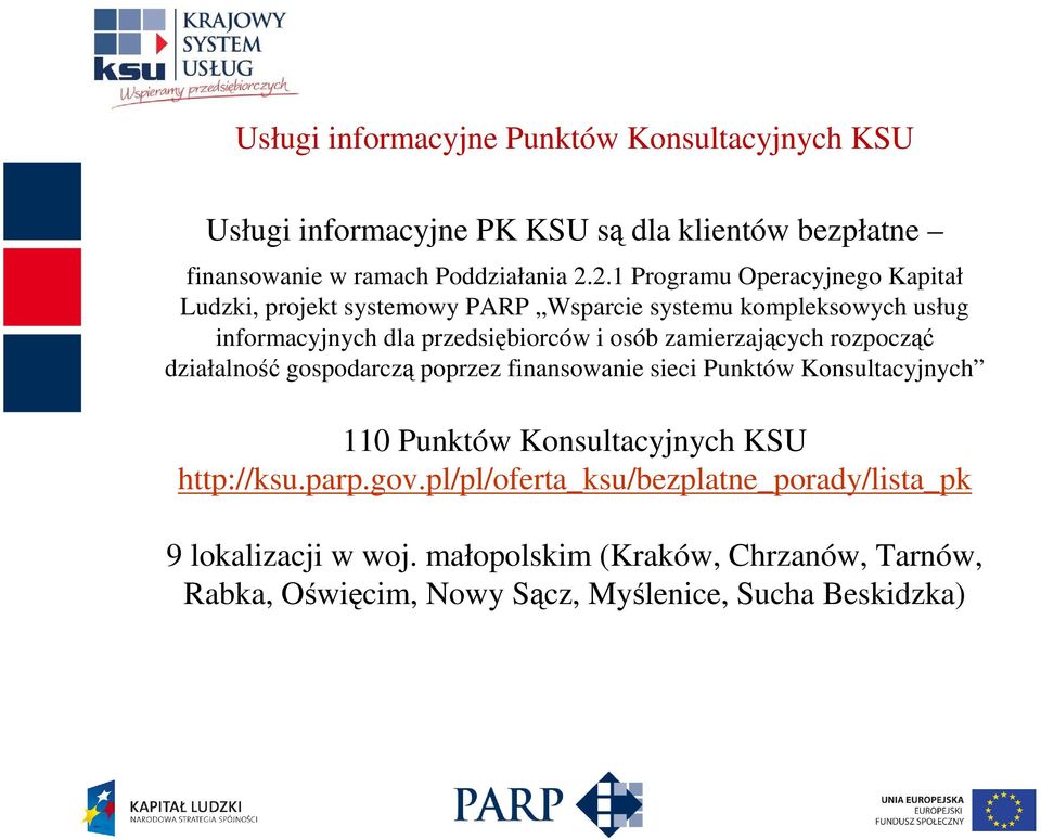 zamierzających rozpocząć działalność gospodarczą poprzez finansowanie sieci Punktów Konsultacyjnych 110 Punktów Konsultacyjnych KSU http://ksu.parp.