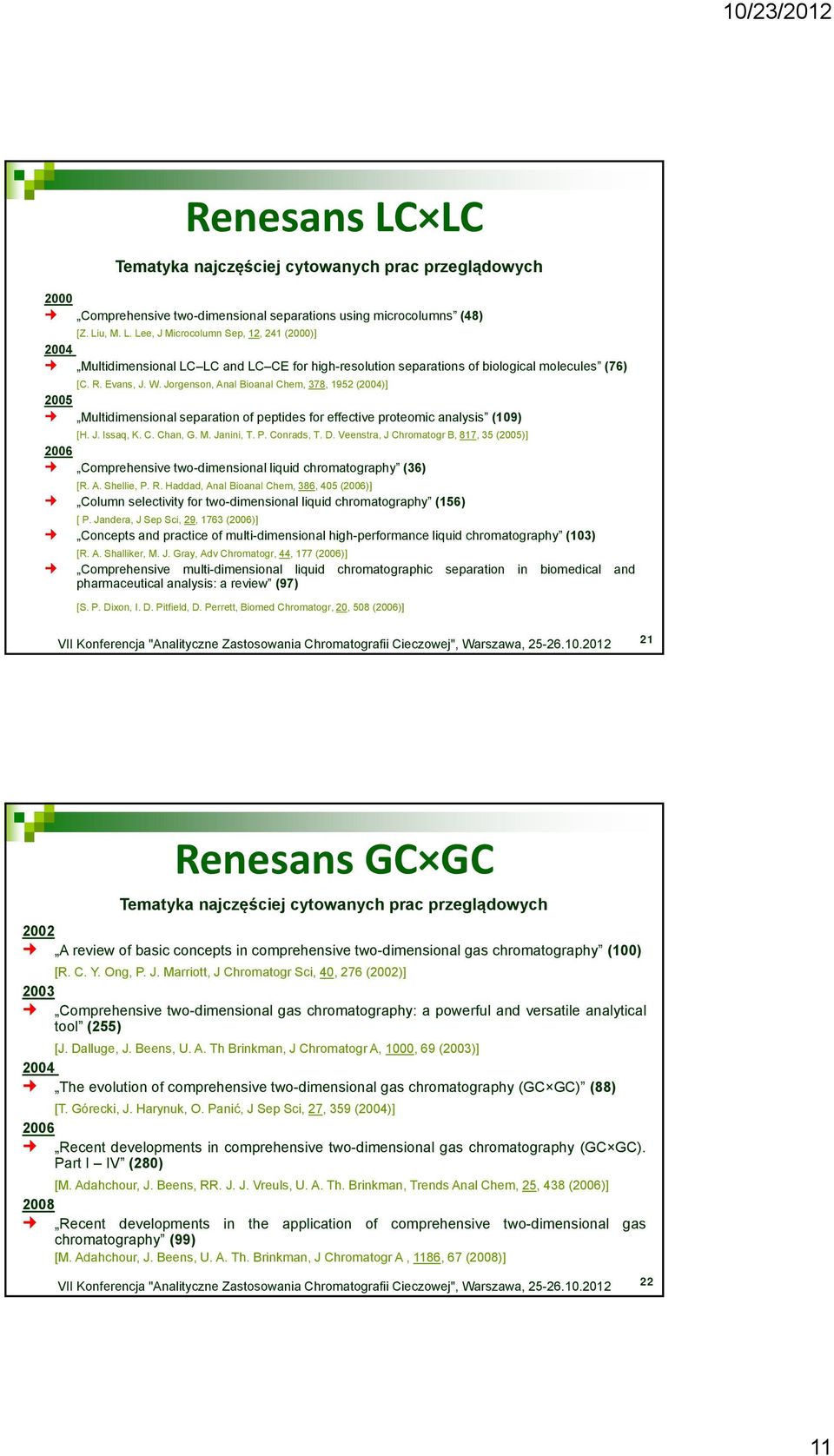 Conrads, T. D. Veenstra, J Chromatogr B, 817, 35 (2005)] 2006 Comprehensive two-dimensional liquid chromatography (36) [R. A. Shellie, P. R.