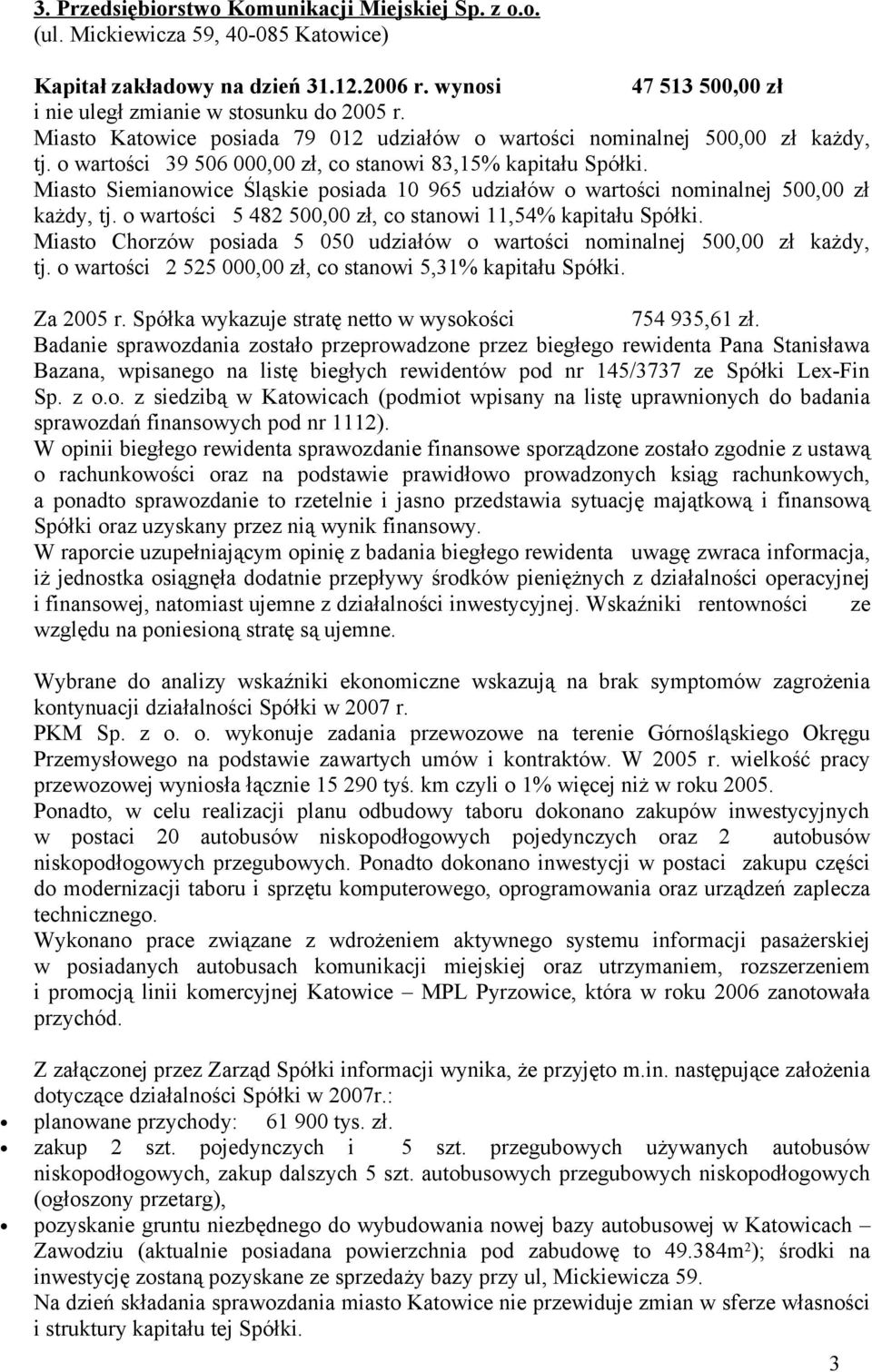 o wartości 5 482 500,00 zł, co stanowi 11,54% kapitału Spółki. Miasto Chorzów posiada 5 050 udziałów o wartości nominalnej 500,00 zł każdy, tj.