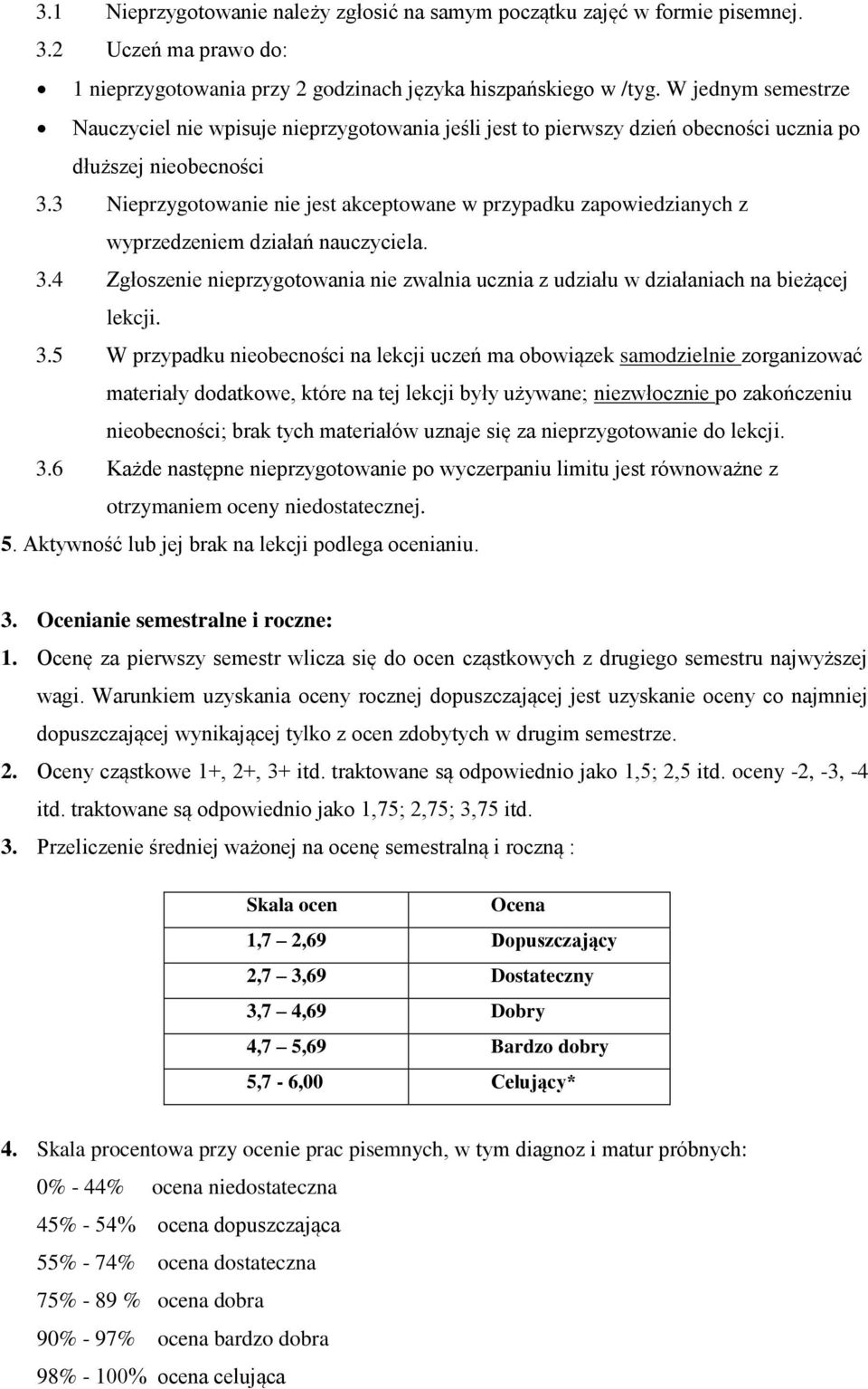 3 Nieprzygotowanie nie jest akceptowane w przypadku zapowiedzianych z wyprzedzeniem działań nauczyciela. 3.4 Zgłoszenie nieprzygotowania nie zwalnia ucznia z udziału w działaniach na bieżącej lekcji.