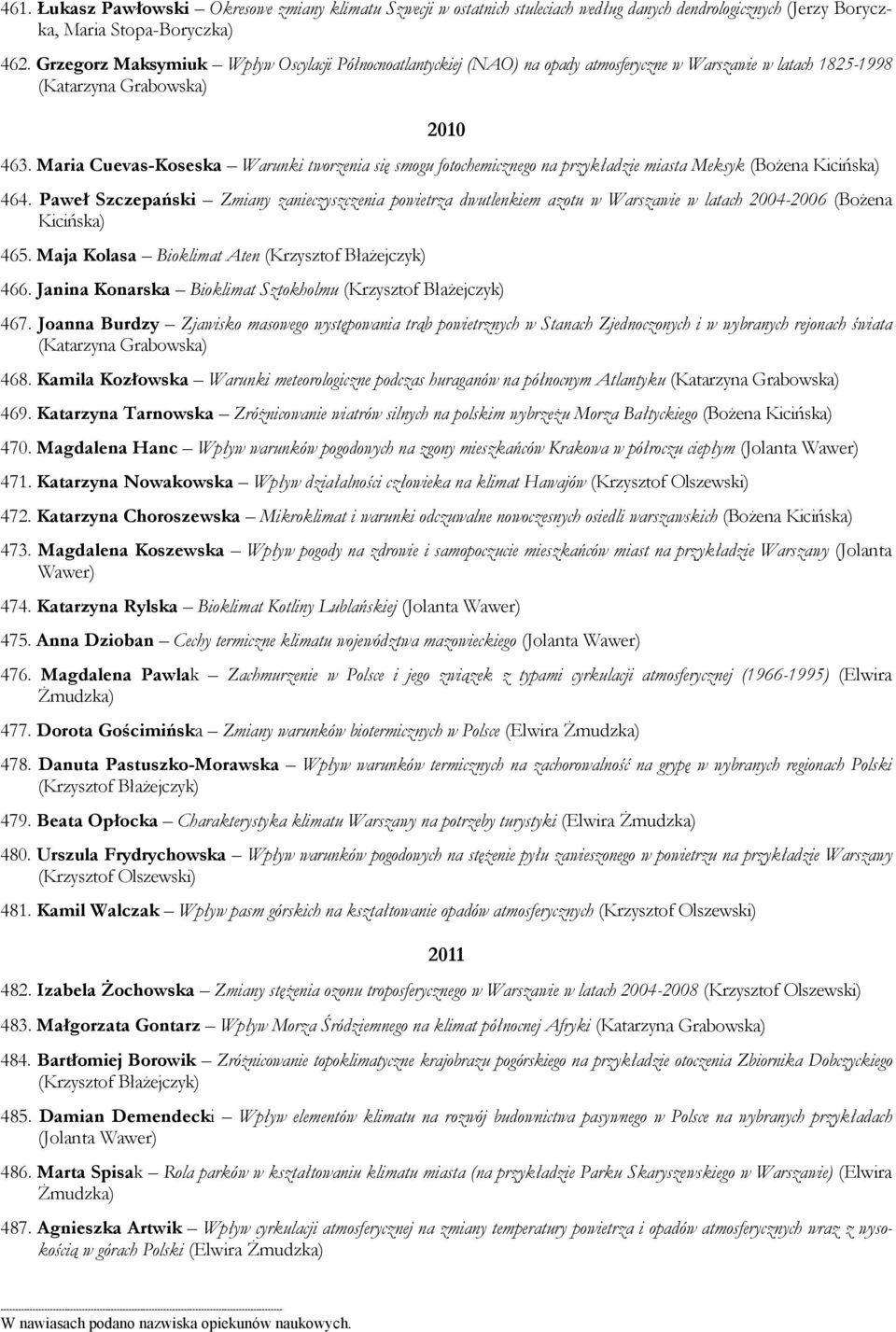 Maria Cuevas-Koseska Warunki tworzenia się smogu fotochemicznego na przykładzie miasta Meksyk (Bożena Kicińska) 464.