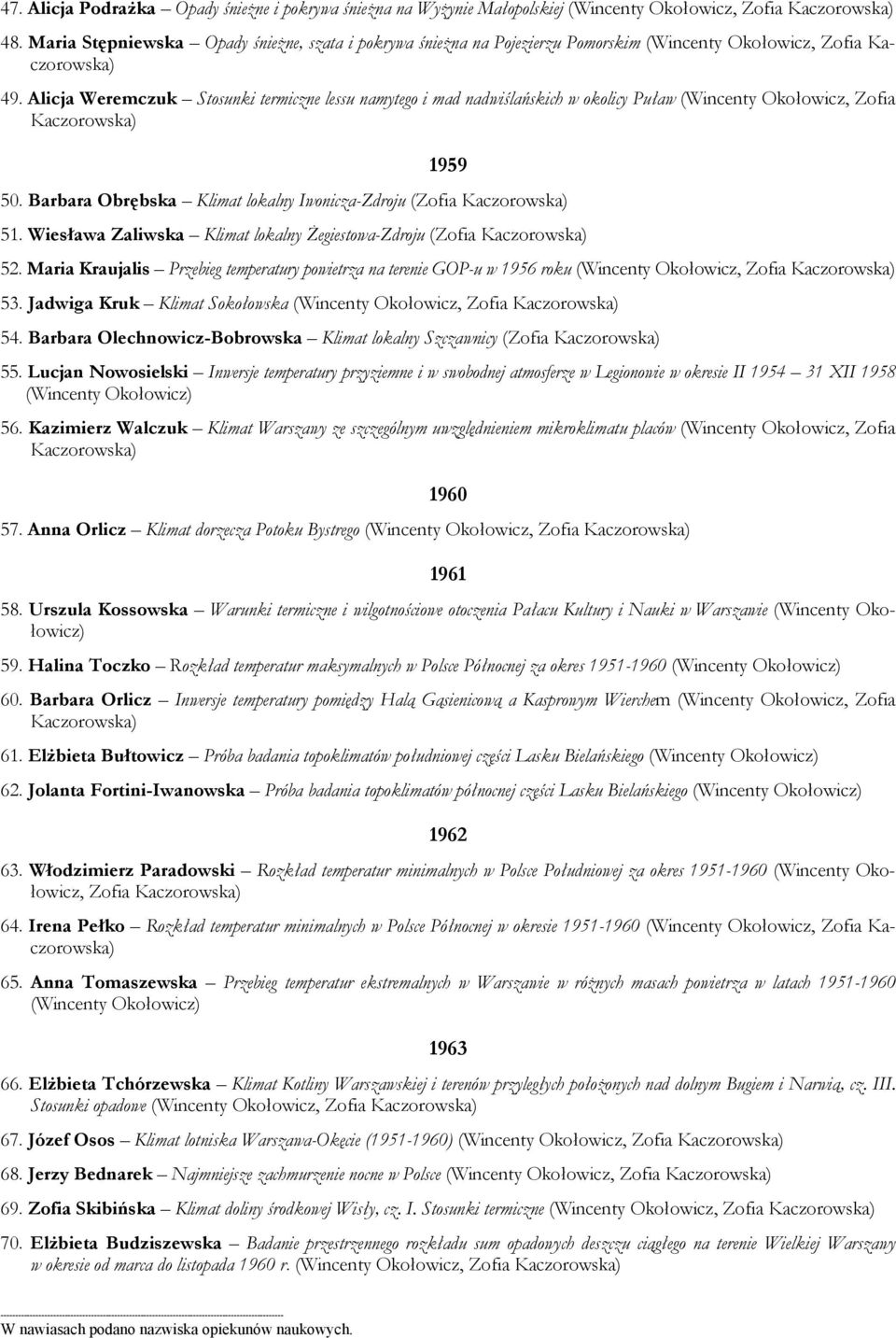 Alicja Weremczuk Stosunki termiczne lessu namytego i mad nadwiślańskich w okolicy Puław (Wincenty Okołowicz, Zofia Kaczorowska) 1959 50. Barbara Obrębska Klimat lokalny Iwonicza-Zdroju ( 51.