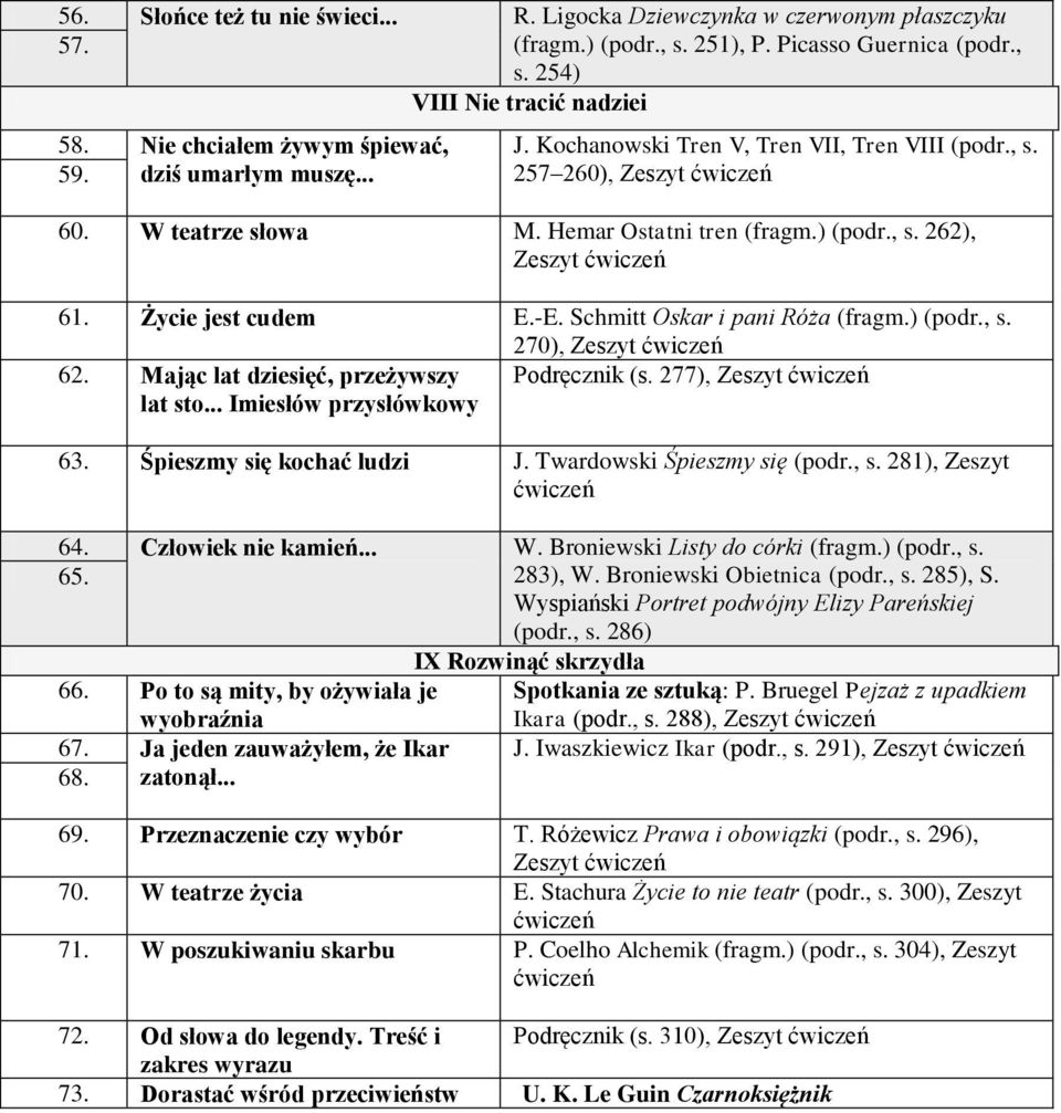 Życie jest cudem E.-E. Schmitt Oskar i pani Róża (fragm.) (podr., s. 270), 62. Mając lat dziesięć, przeżywszy lat sto... Imiesłów przysłówkowy Podręcznik (s. 277), 63. Śpieszmy się kochać ludzi J.