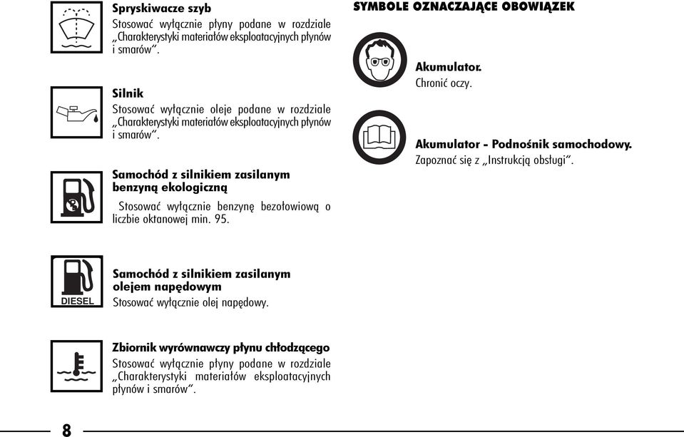 Samochód z silnikiem zasilanym benzynà ekologicznà Stosowaç wy àcznie benzyn bezo owiowà o liczbie oktanowej min. 95. SYMBOLE OZNACZAJÑCE OBOWIÑZEK Akumulator. Chroniç oczy.