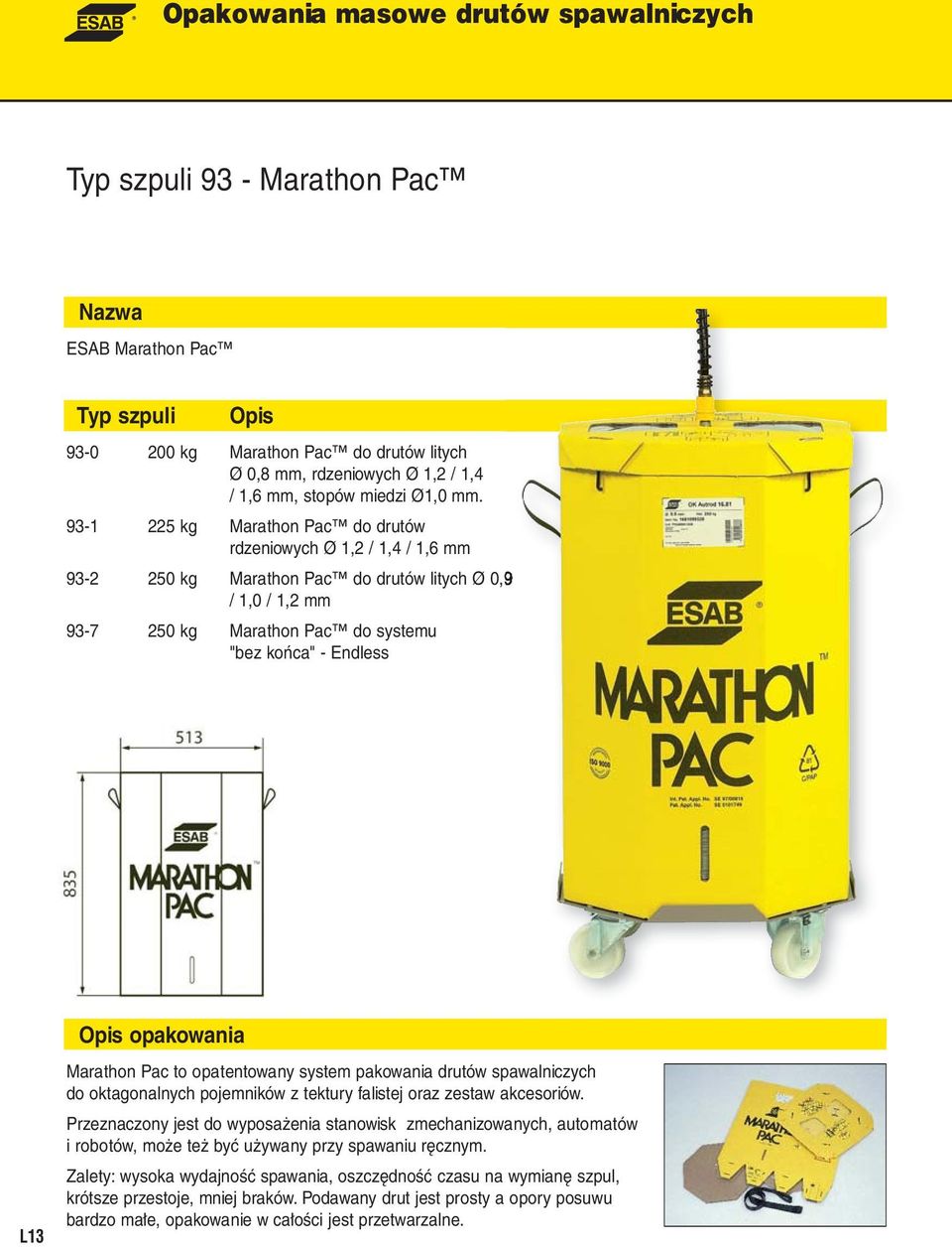 opakowania Marathon Pac to opatentowany system pakowania drutów spawalniczych do oktagonalnych pojemników z tektury falistej oraz zestaw akcesoriów.