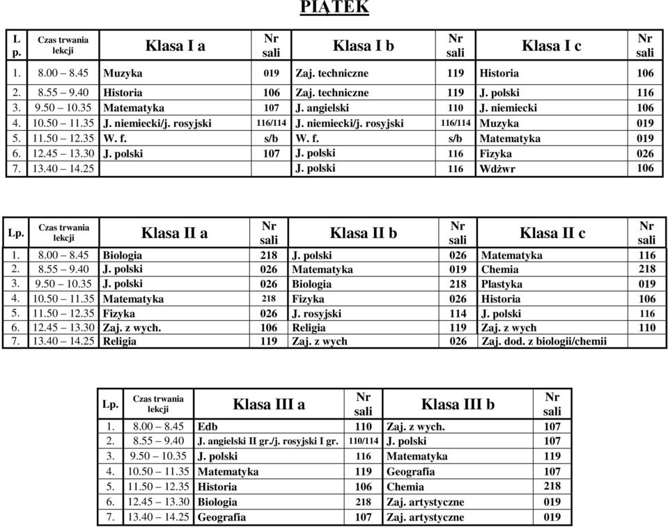 25 J. polski 116 Wdżwr 106 Klasa II a 1. 8.00 8.45 Biologia 218 J. polski 026 Matematyka 116 2. 8.55 9.40 J. polski 026 Matematyka 019 Chemia 218 3. 9.50 10.35 J.