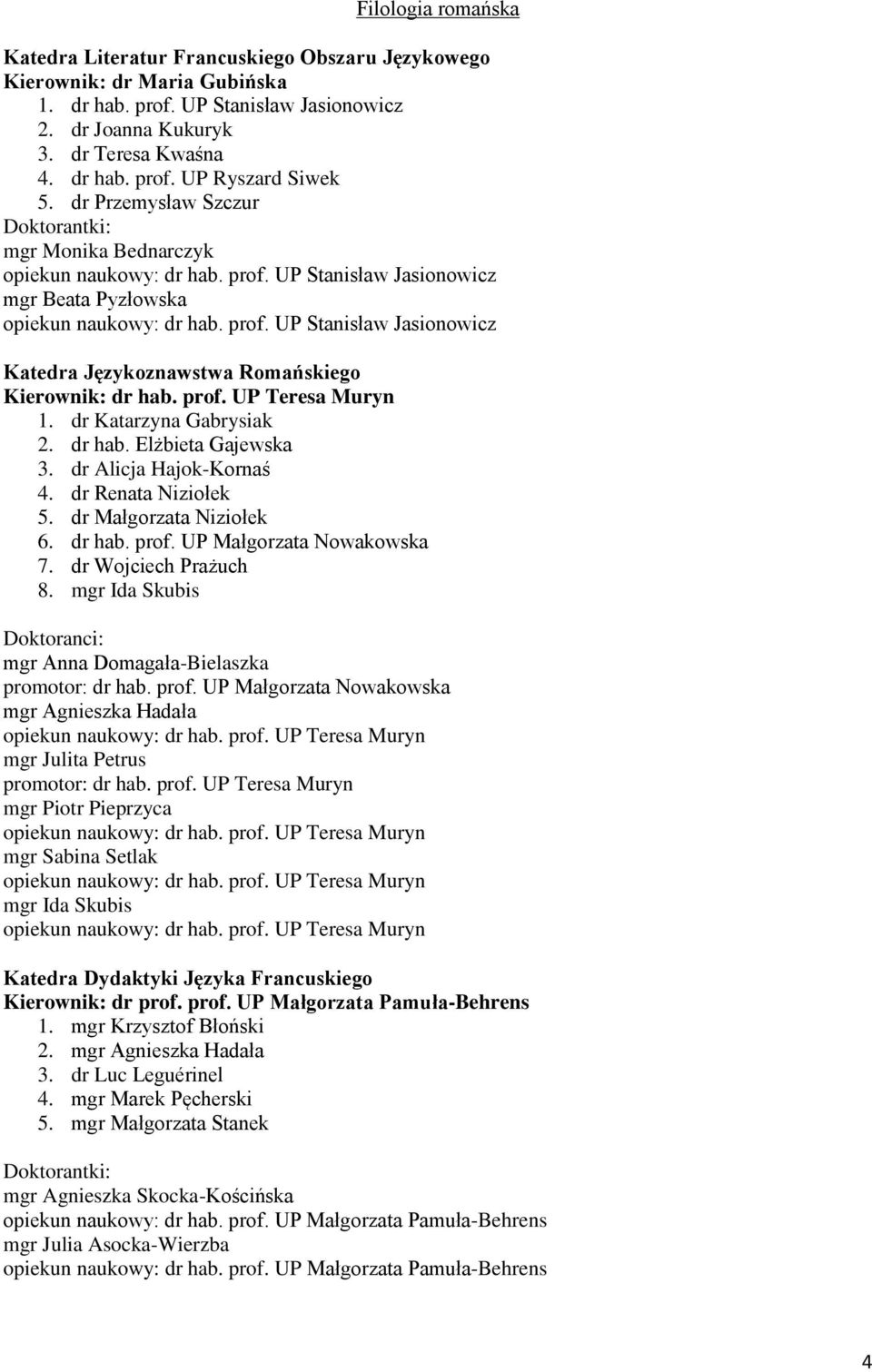 prof. UP Teresa Muryn 1. dr Katarzyna Gabrysiak 2. dr hab. Elżbieta Gajewska 3. dr Alicja Hajok-Kornaś 4. dr Renata Niziołek 5. dr Małgorzata Niziołek 6. dr hab. prof. UP Małgorzata Nowakowska 7.