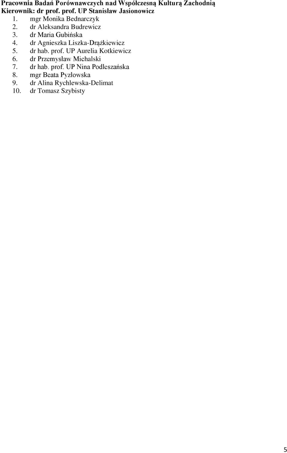 dr Maria Gubińska 4. dr Agnieszka Liszka-Drążkiewicz 5. dr hab. prof. UP Aurelia Kotkiewicz 6.