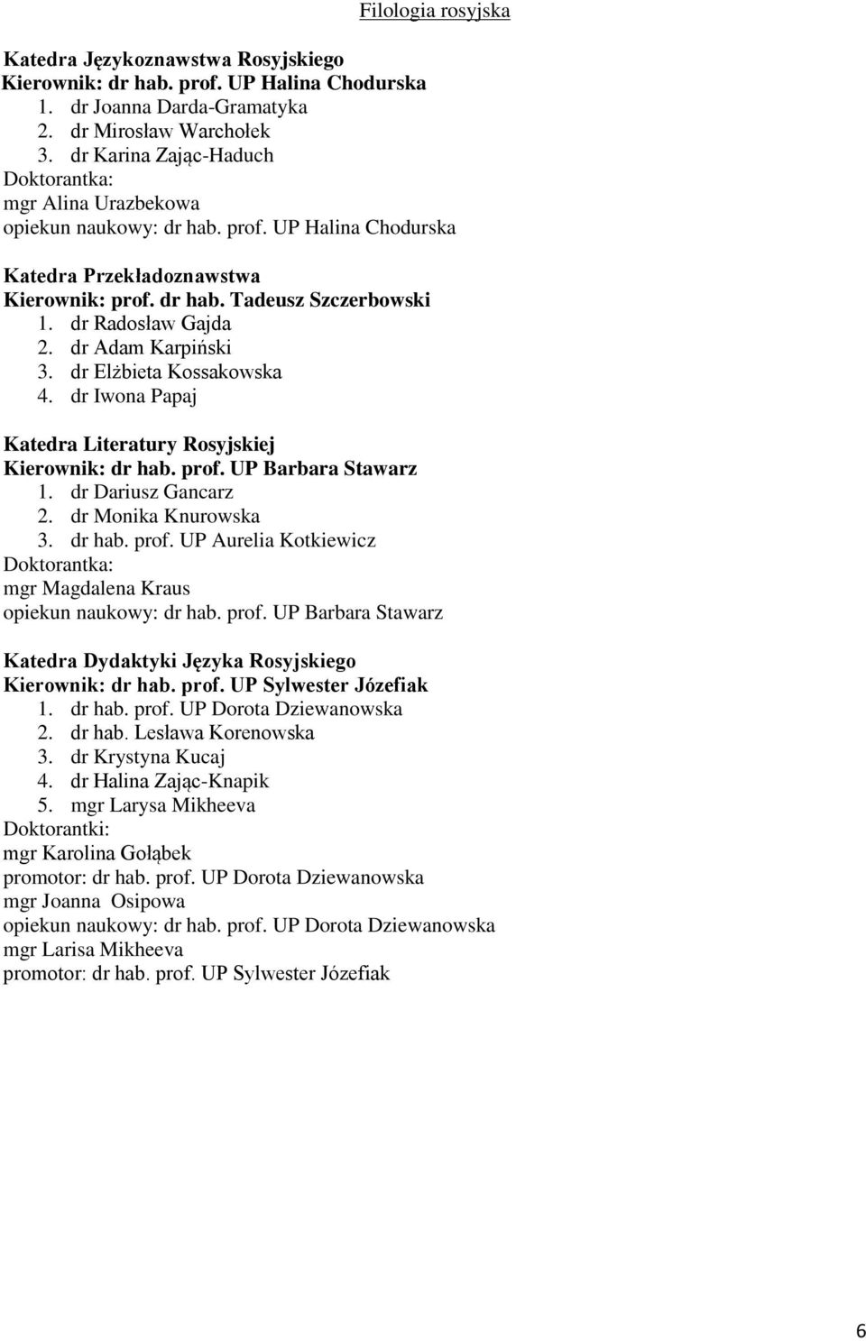 dr Radosław Gajda 2. dr Adam Karpiński 3. dr Elżbieta Kossakowska 4. dr Iwona Papaj Katedra Literatury Rosyjskiej Kierownik: dr hab. prof. UP Barbara Stawarz 1. dr Dariusz Gancarz 2.