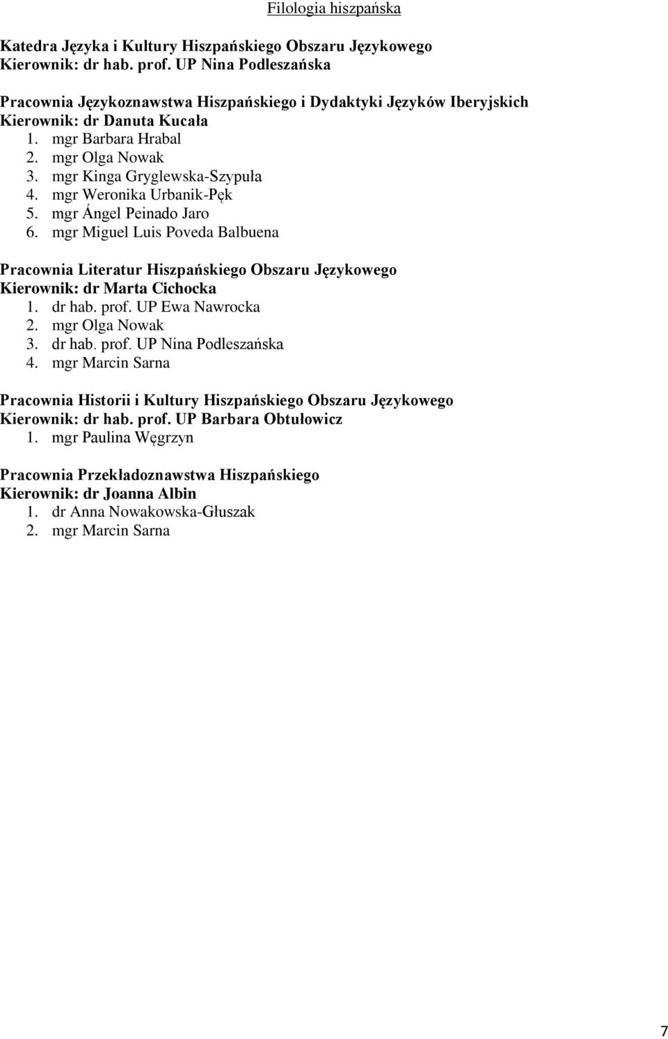 mgr Weronika Urbanik-Pęk 5. mgr Ángel Peinado Jaro 6. mgr Miguel Luis Poveda Balbuena Pracownia Literatur Hiszpańskiego Obszaru Językowego Kierownik: dr Marta Cichocka 1. dr hab. prof.