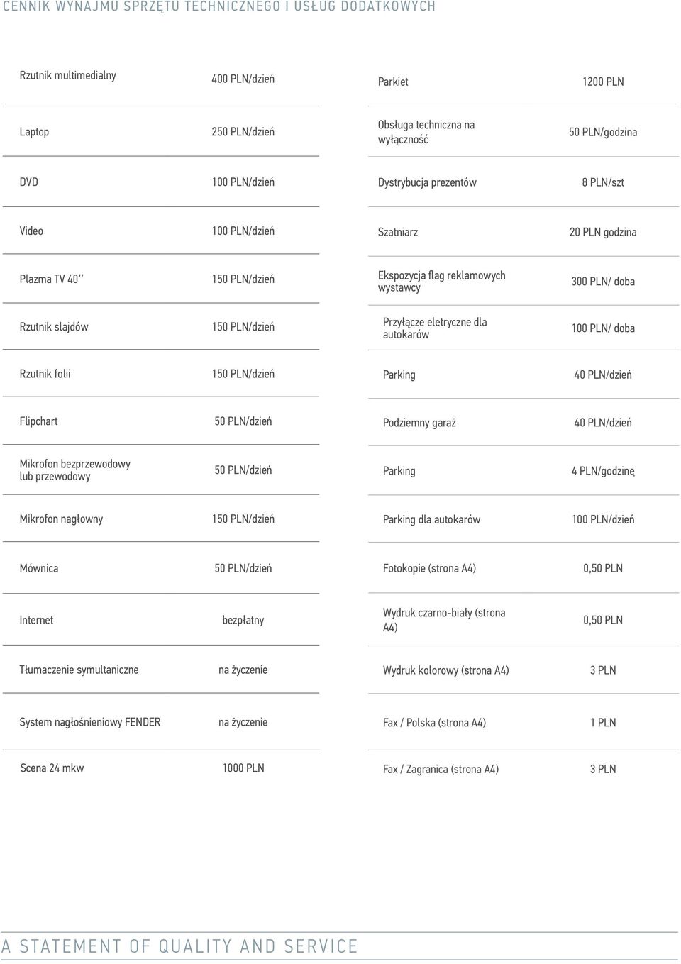 PLN/ doba Rzutnik folii Parking 40 PLN/dzień Flipchart 50 PLN/dzień Podziemny garaż 40 PLN/dzień Mikrofon bezprzewodowy lub przewodowy 50 PLN/dzień Parking 4 PLN/godzinę Mikrofon nagłowny Parking dla