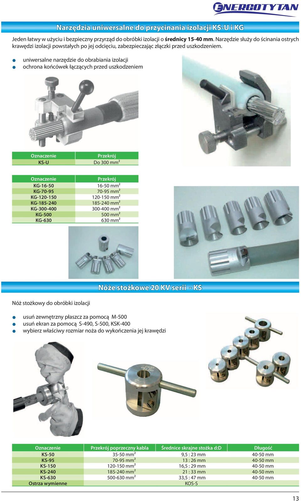 z uniwersalne narzędzie obrabiania izolacji z ochrona końcówek łączących przed uszkzeniem KS-U Przekrój Do 300 mm² KG-16-50 KG-70-95 KG-10-150 KG-185-40 KG-300-400 KG-500 KG-630 Przekrój 16-50 mm²