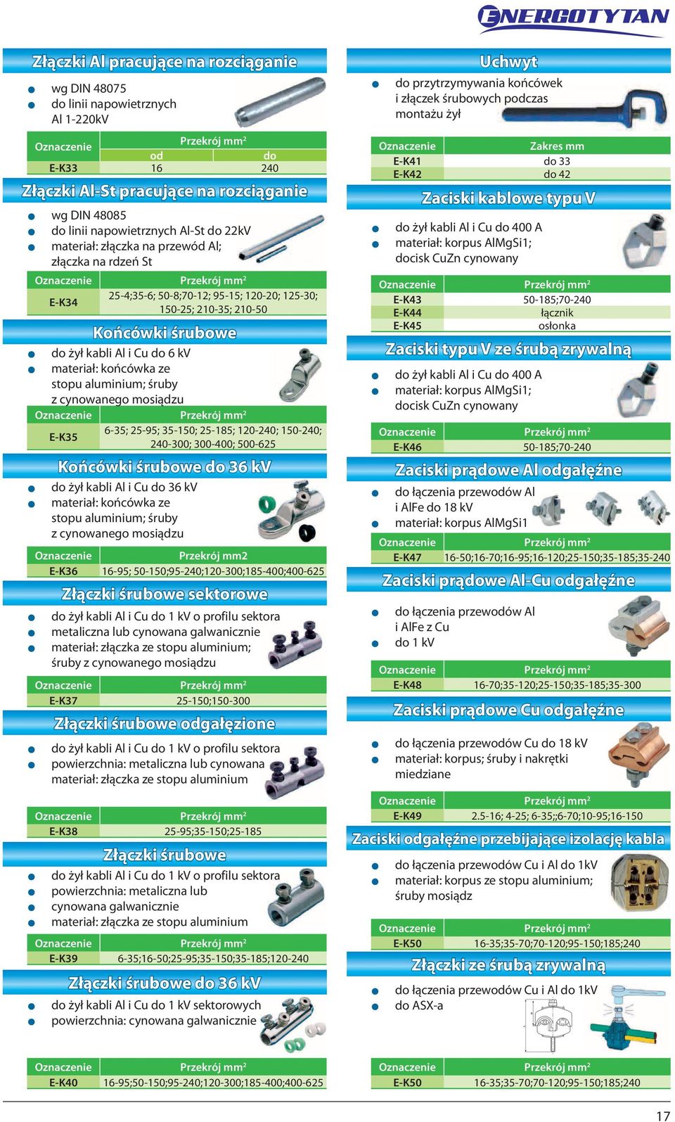 z cynowanego mosiądzu E-K35 6-35; 5-95; 35-150; 5-185; 10-40; 150-40; 40-300; 300-400; 500-65 Końcówki śrubowe 36 kv z żył kabli Al i Cu 36 kv z materiał: końcówka ze stopu aluminium; śruby z