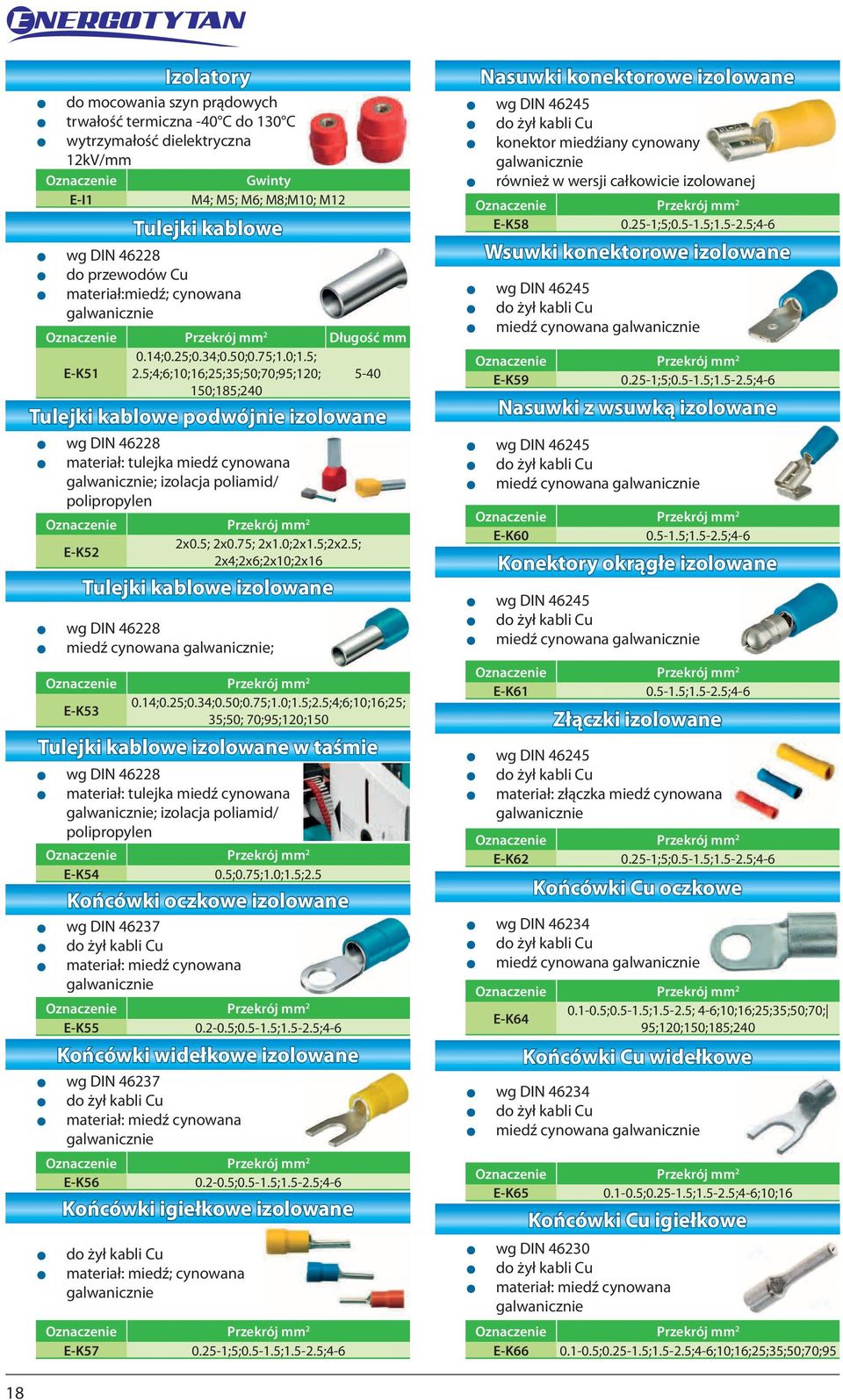 M6; M8;M10; M1 E-K5 Izolatory Tulejki kablowe z wg DIN 468 z przewów Cu z materiał:miedź; cynowana galwanicznie Długość mm E-K51 0.14;0.5;0